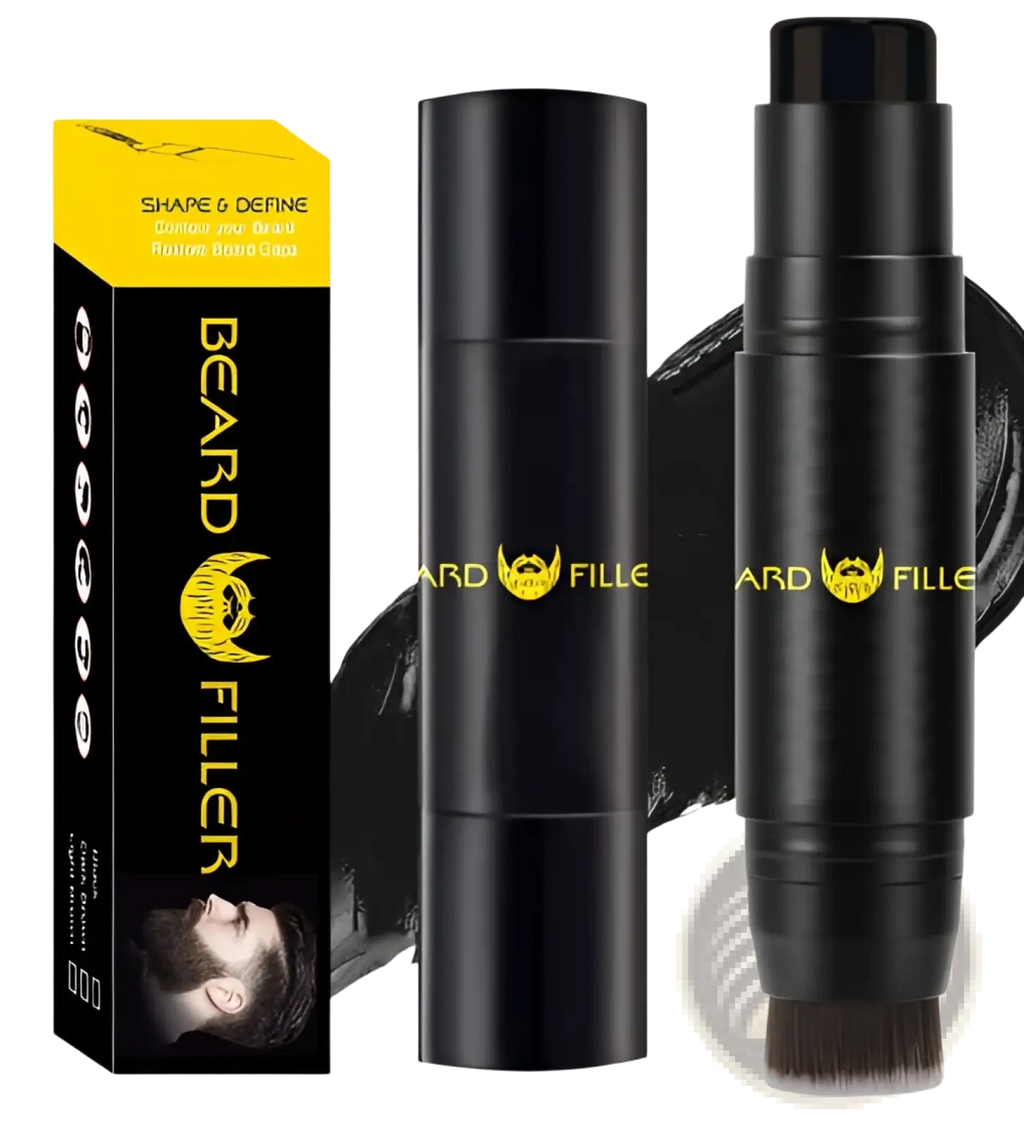 Black cylindrical beard filler stick with brush tip and gold branding for hair thickening and styling use