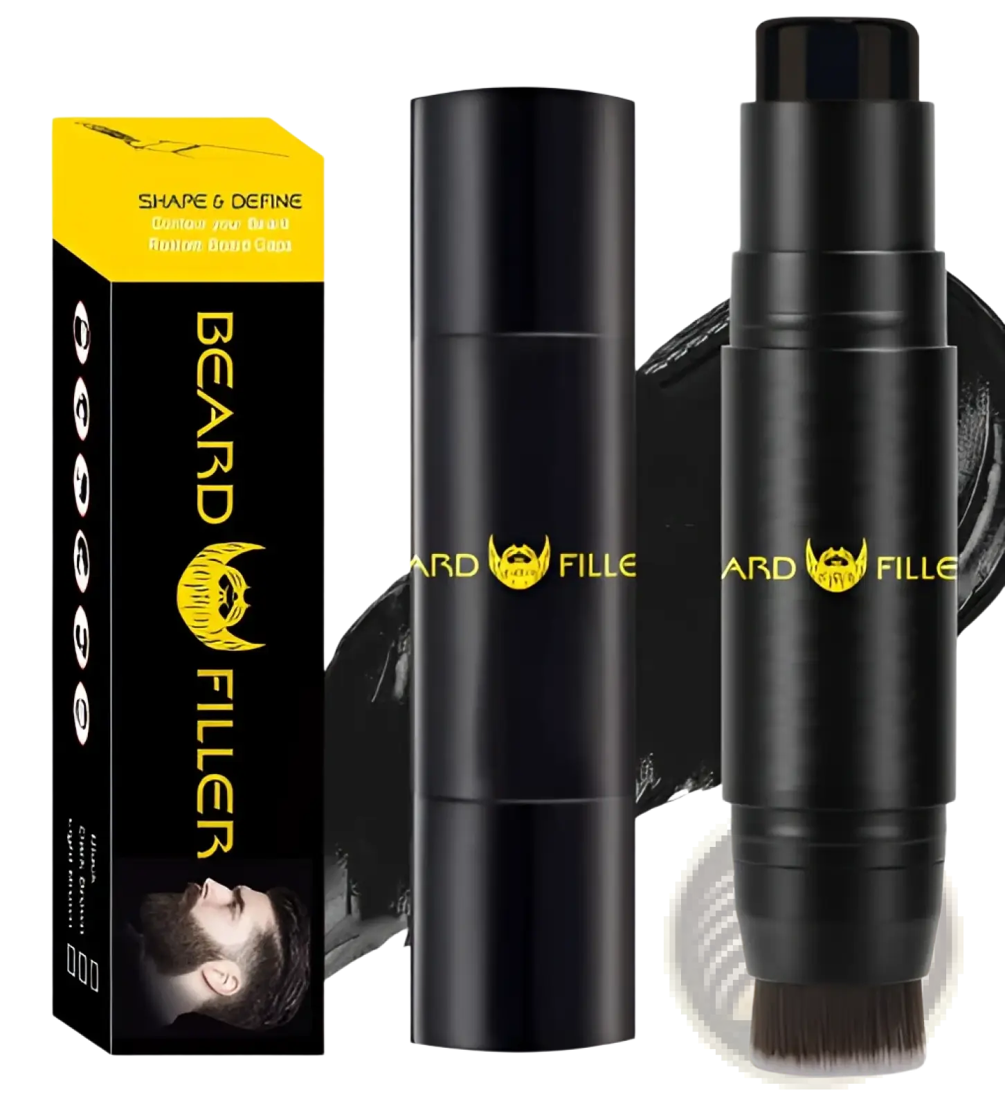 Black cylindrical beard filler stick with brush tip and gold branding for hair thickening and styling use