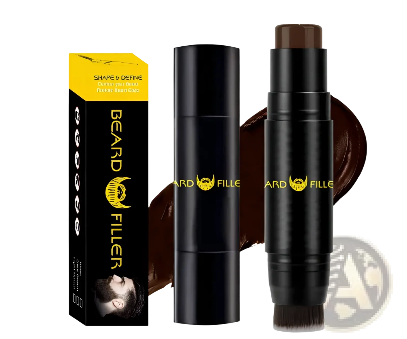 Black cylindrical beard filler stick with brown pigment and brush applicator for hair thickening and styling
