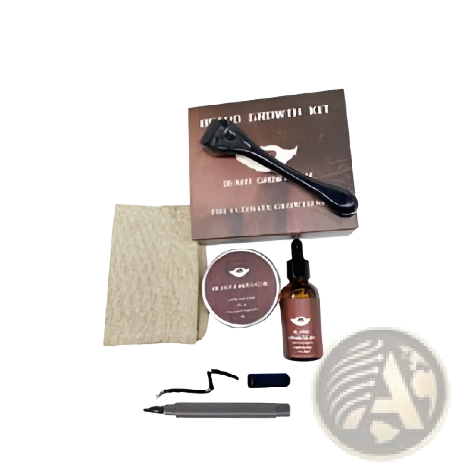 Beard growth kit with brown beard oil amber bottle black 540 microneedle roller and metallic tools for grooming