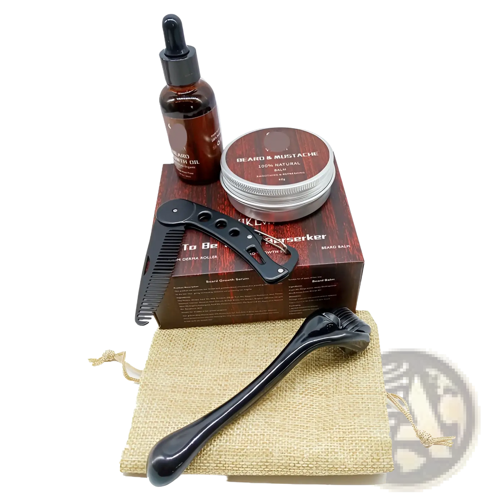 Black plastic beard growth serum dropper bottle with black cap in beard growth kit with 540 microneedle roller and oil