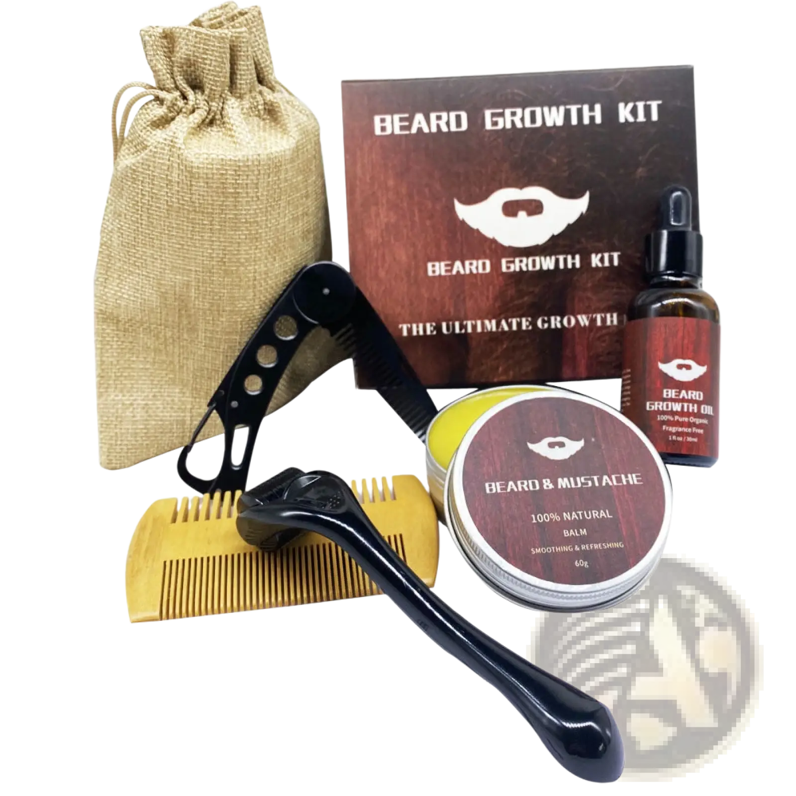 Beard growth kit with 540 microneedle roller, wooden comb, black grooming tool, and amber glass bottle of beard oil