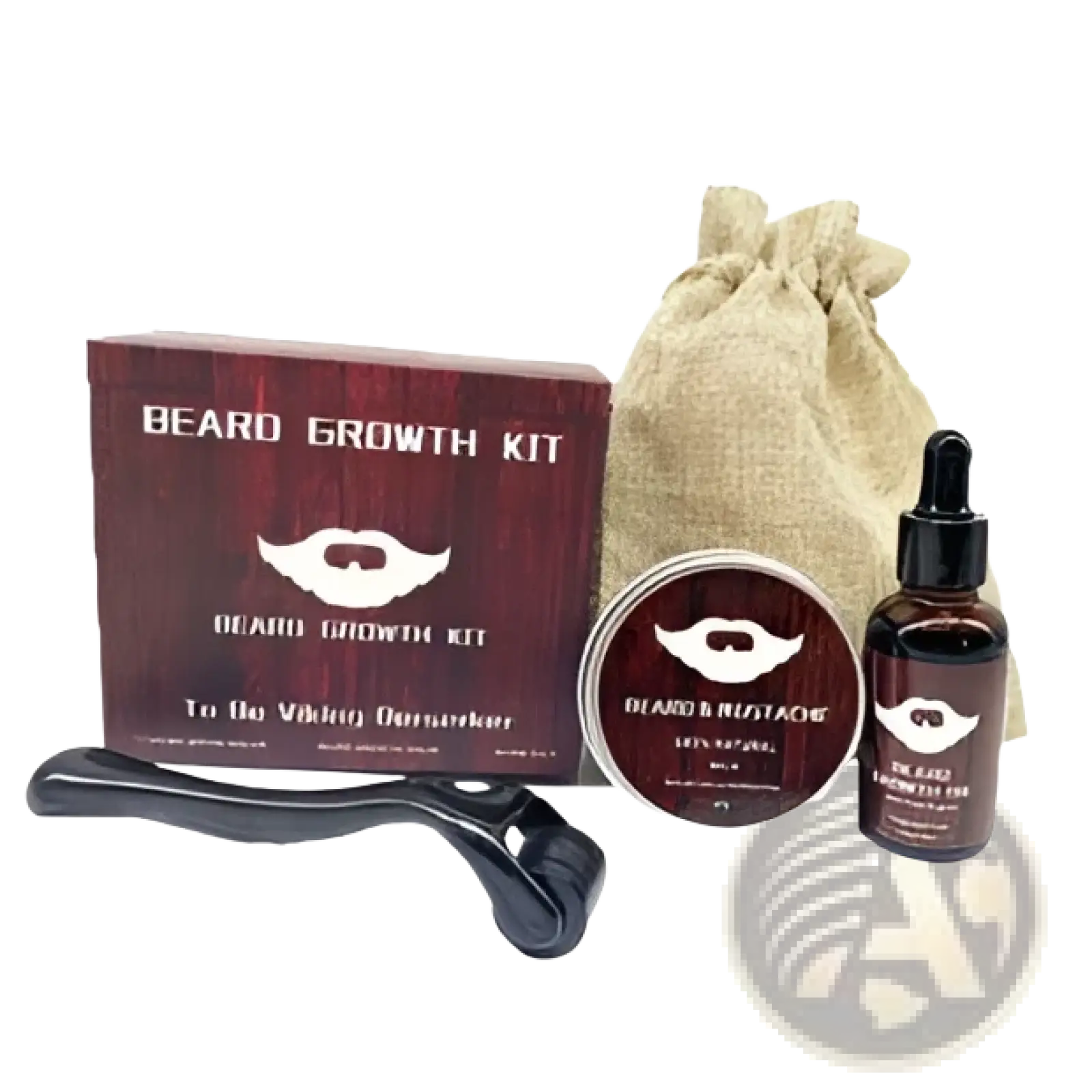 Beard growth kit with 540 microneedle roller and oil featuring dark brown wooden box black rubber comb and amber glass bottles