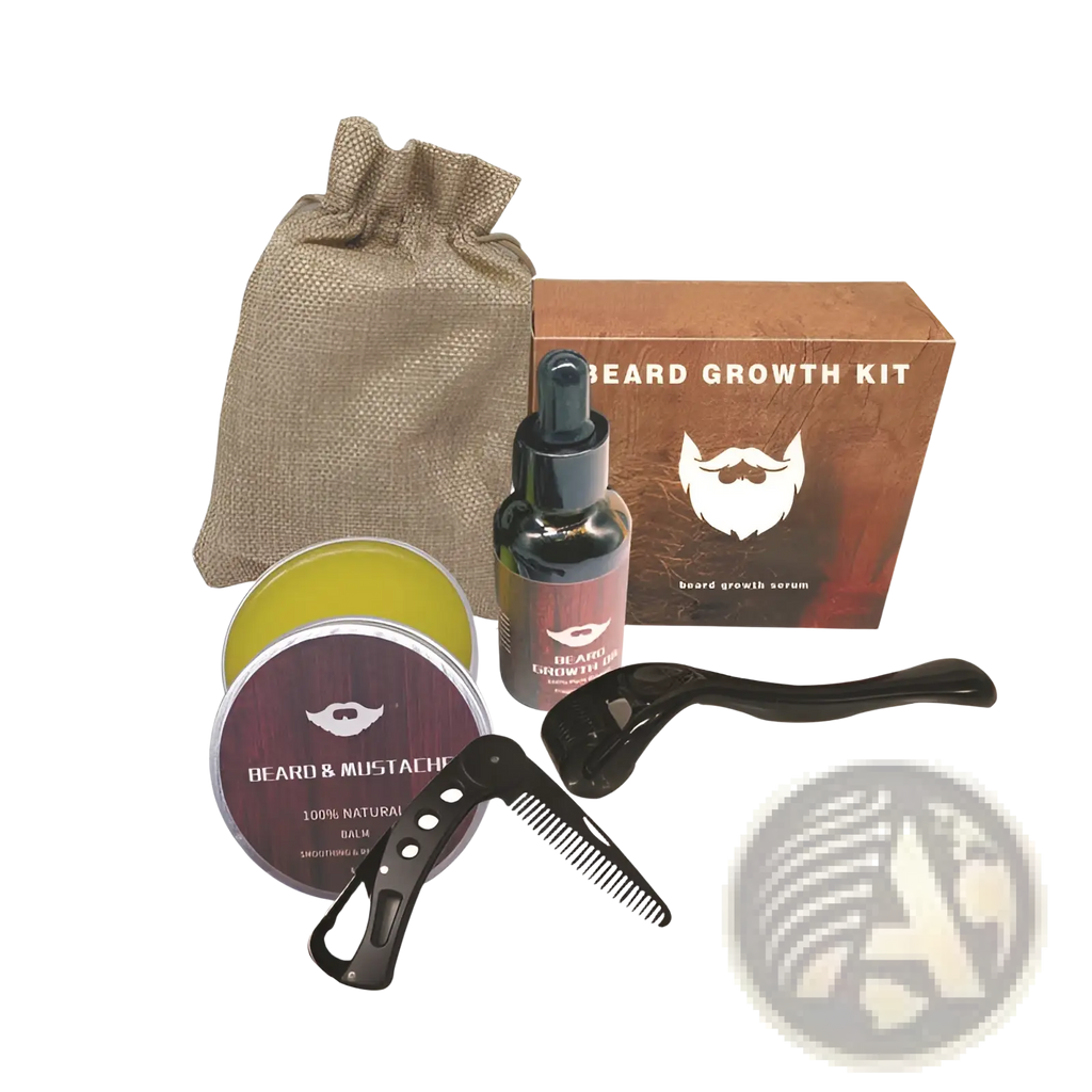 Beard growth kit with 540 microneedle roller, amber dropper oil, black comb, green balm tin, all in beige drawstring bag