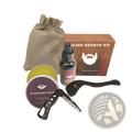 Beard growth kit with 540 microneedle roller, amber dropper oil, black comb, green balm tin, all in beige drawstring bag