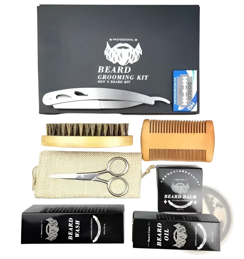 Black and silver men’s beard growth kit with derma roller wooden comb brush scissors razor balm wash and oil in black packaging