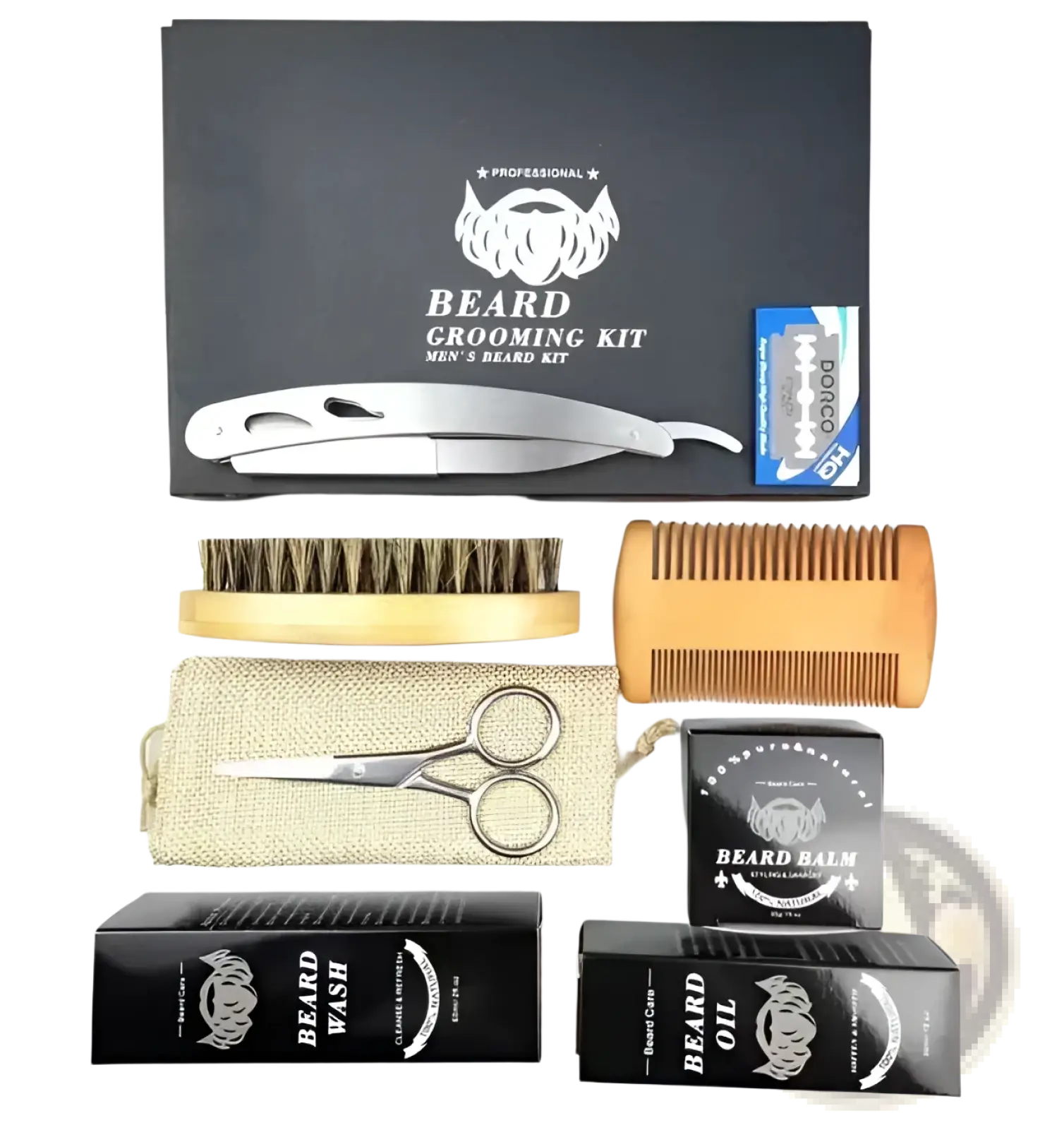 Black and silver men’s beard growth kit with derma roller wooden comb brush scissors razor balm wash and oil in black packaging