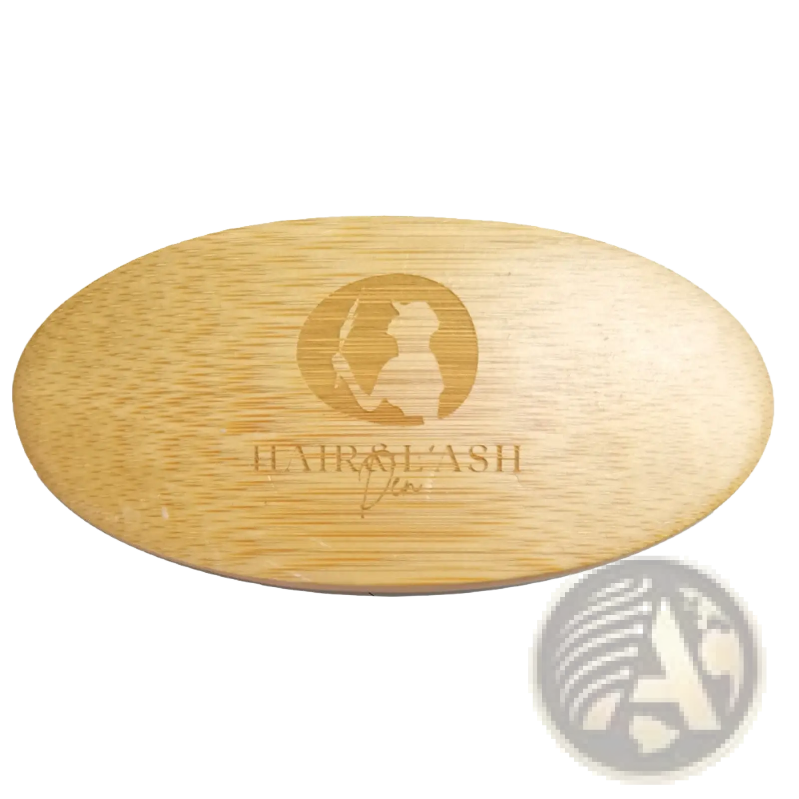 Light-colored bamboo hairbrush with wood grain texture and engraved hair and lash logo for beard growth kit grooming tools