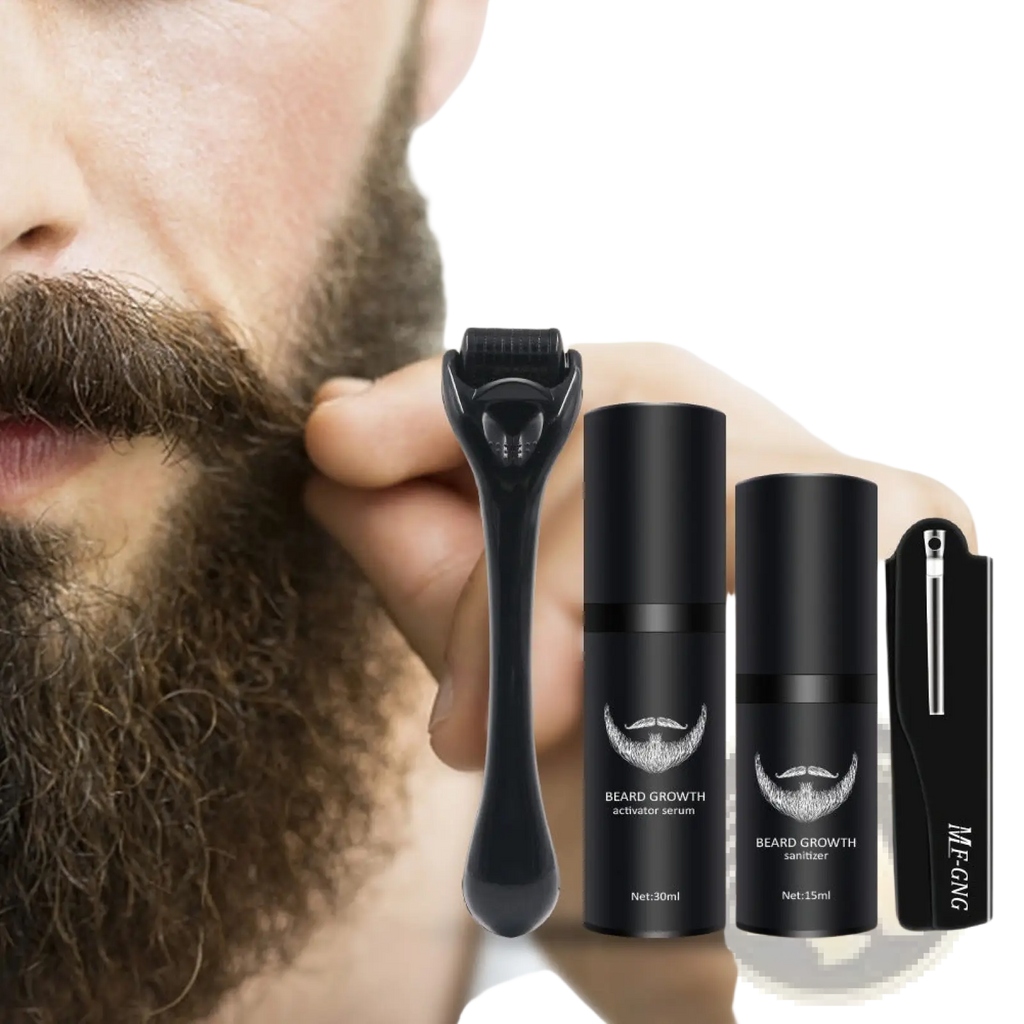 Beard growth kit with derma roller, two serum bottles with silver bearded logo, and compact sanitizer in black packaging