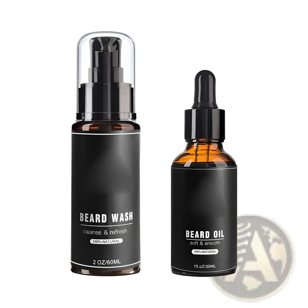 Black glass bottles with black pump and dropper caps labeled beard wash and beard oil in a beard growth kit with grooming tools