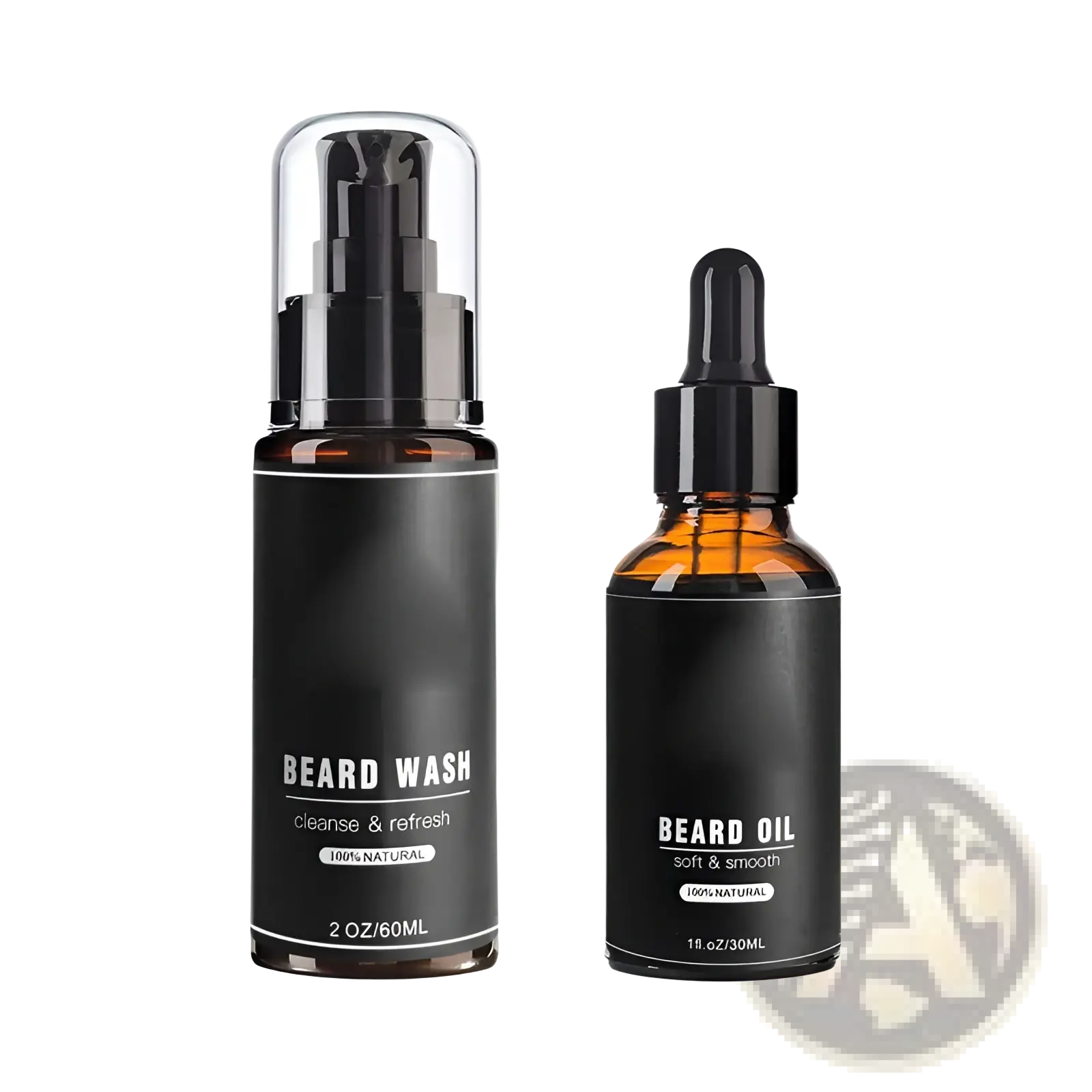 Black glass bottles with black pump and dropper caps labeled beard wash and beard oil in a beard growth kit with grooming tools