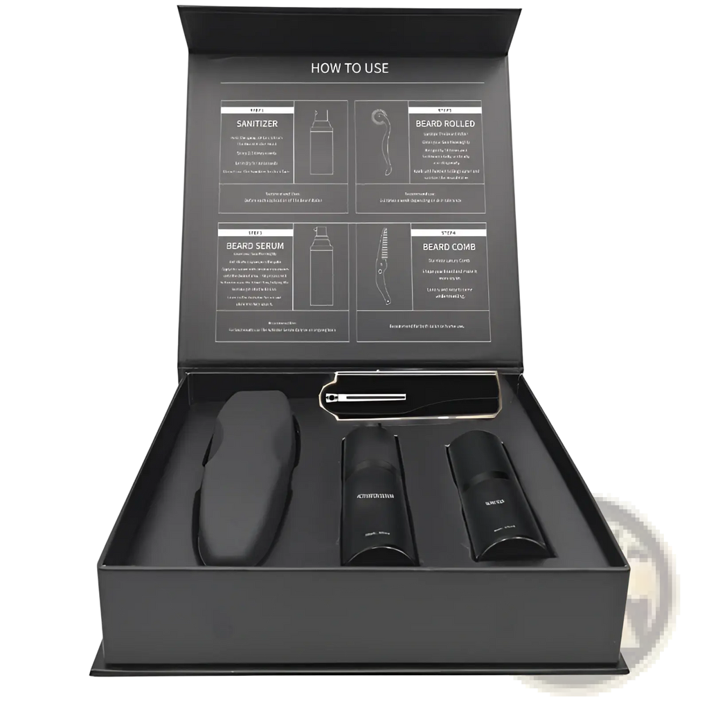 Black matte-finish beard growth kit box containing derma roller and grooming tools for beard care essentials