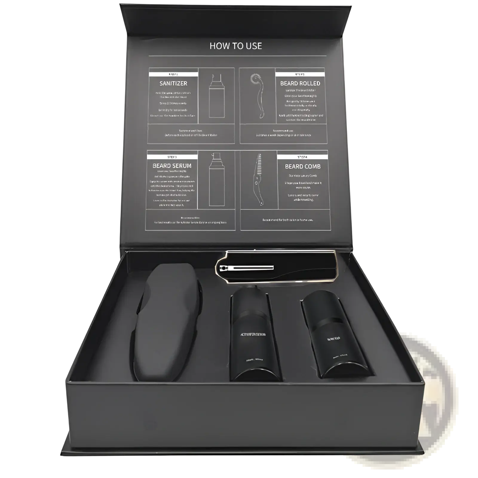 Black matte-finish beard growth kit box containing derma roller and grooming tools for beard care essentials