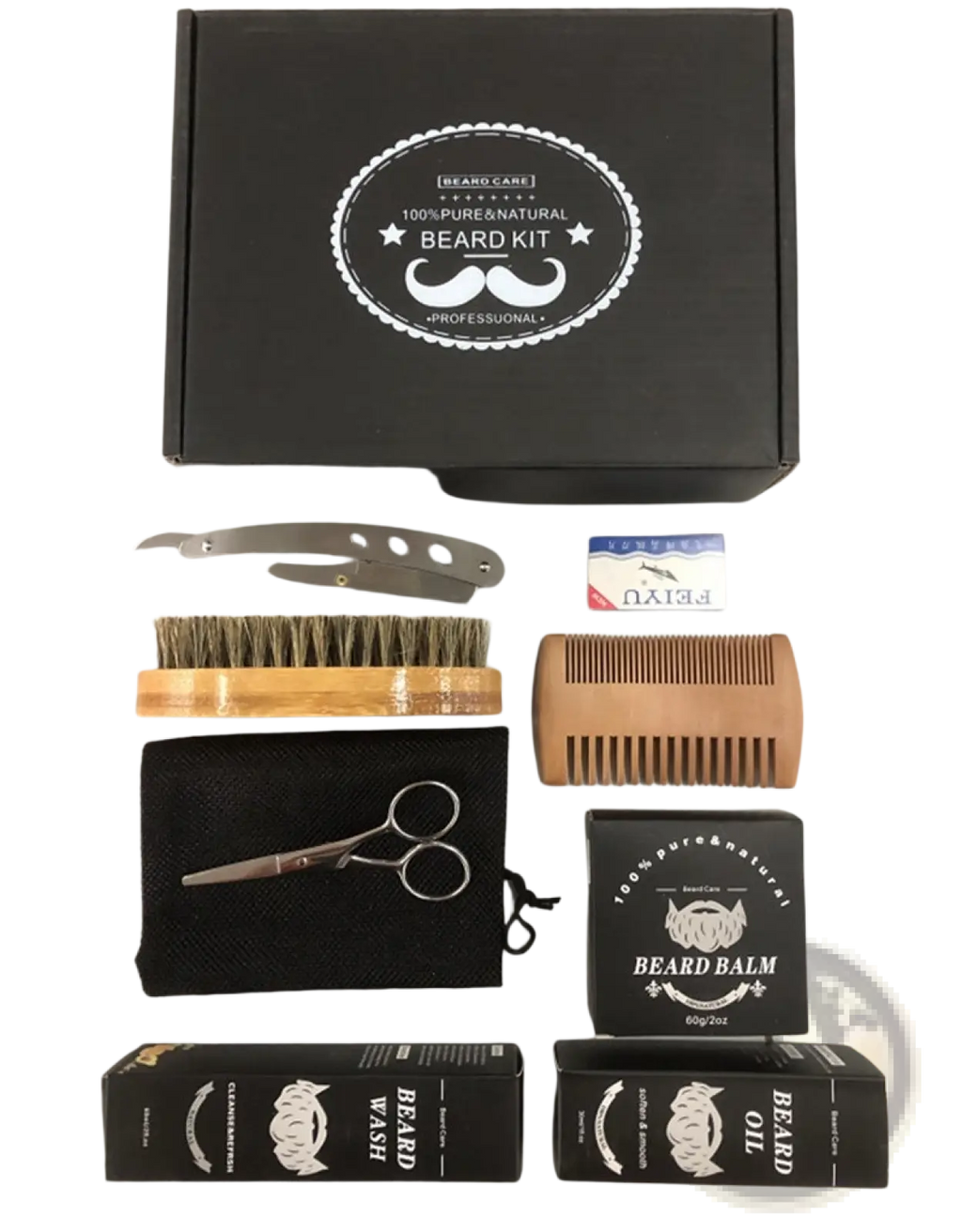 Black box labeled 100% pure and natural beard kit with silver mustache logo contains wooden brush metal comb scissors balm wash oil shaving cream and derma roller for grooming