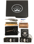 Black box labeled 100% pure and natural beard kit with silver mustache logo contains wooden brush metal comb scissors balm wash oil shaving cream and derma roller for grooming