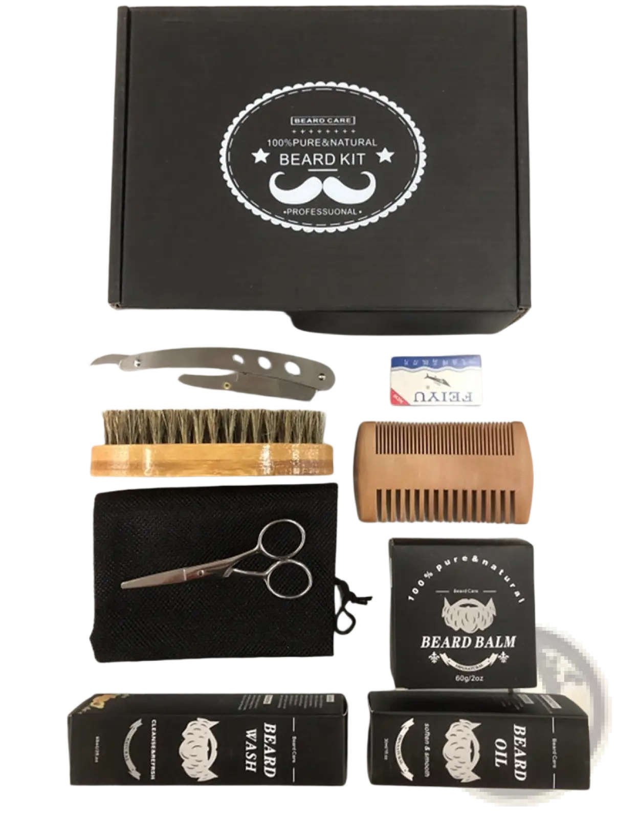 Black box labeled 100% pure and natural beard kit with silver mustache logo contains wooden brush metal comb scissors balm wash oil shaving cream and derma roller for grooming
