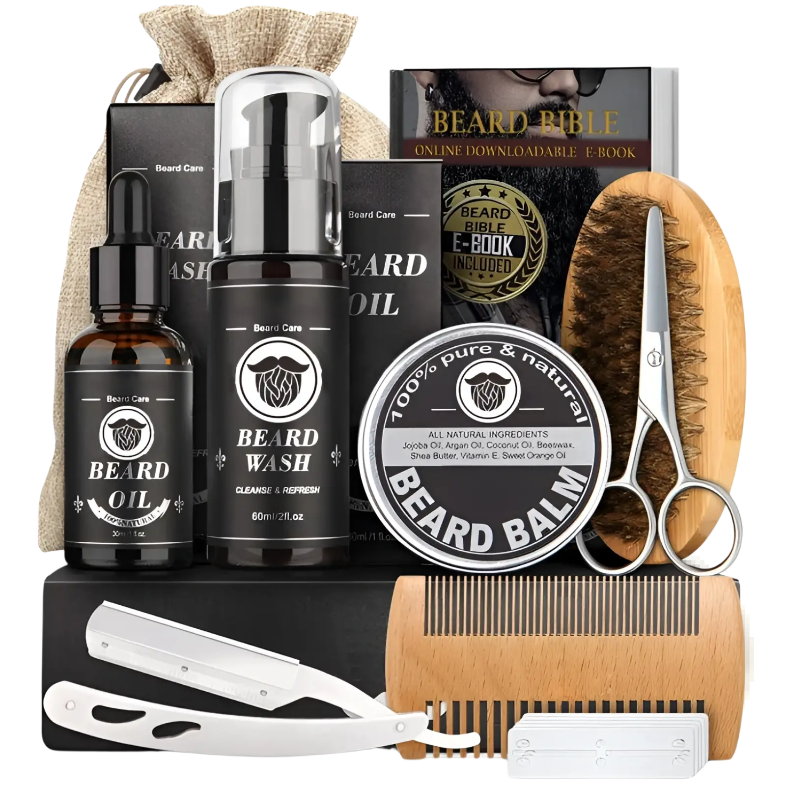 Black and silver beard growth kit with derma roller wooden comb metal scissors and grooming tools for beard care
