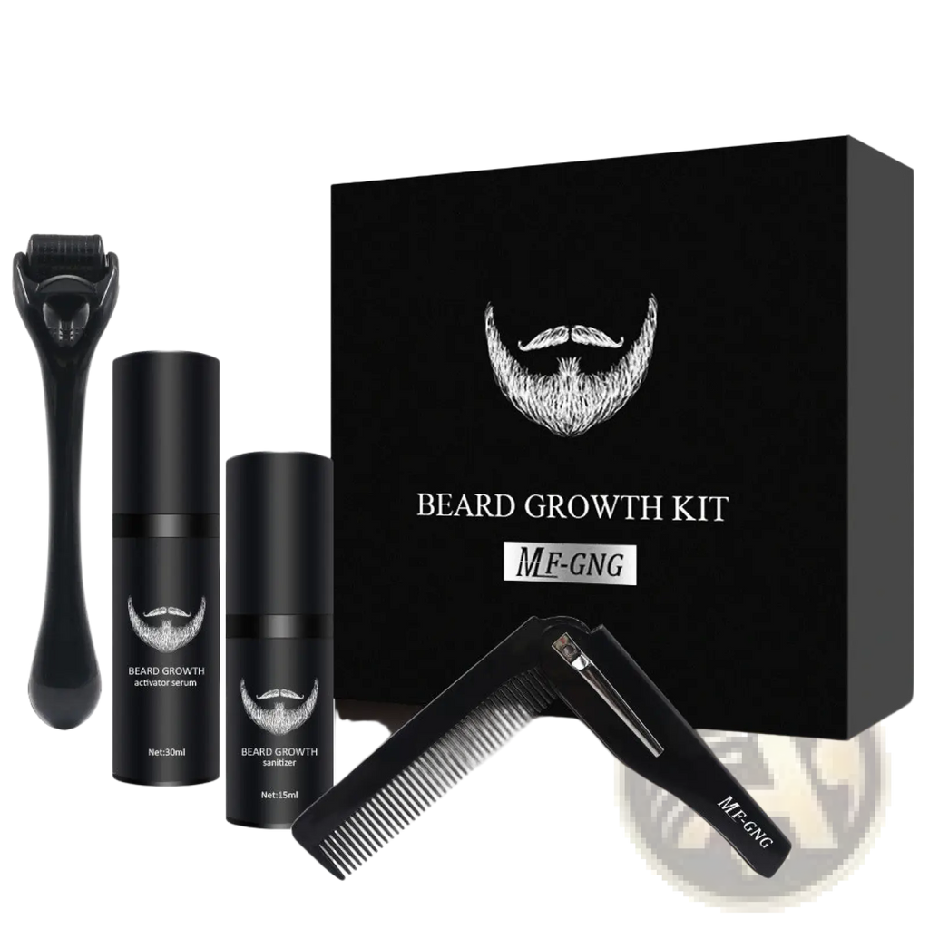 Black plastic beard growth kit with two serum bottles derma roller and comb for grooming and hair care