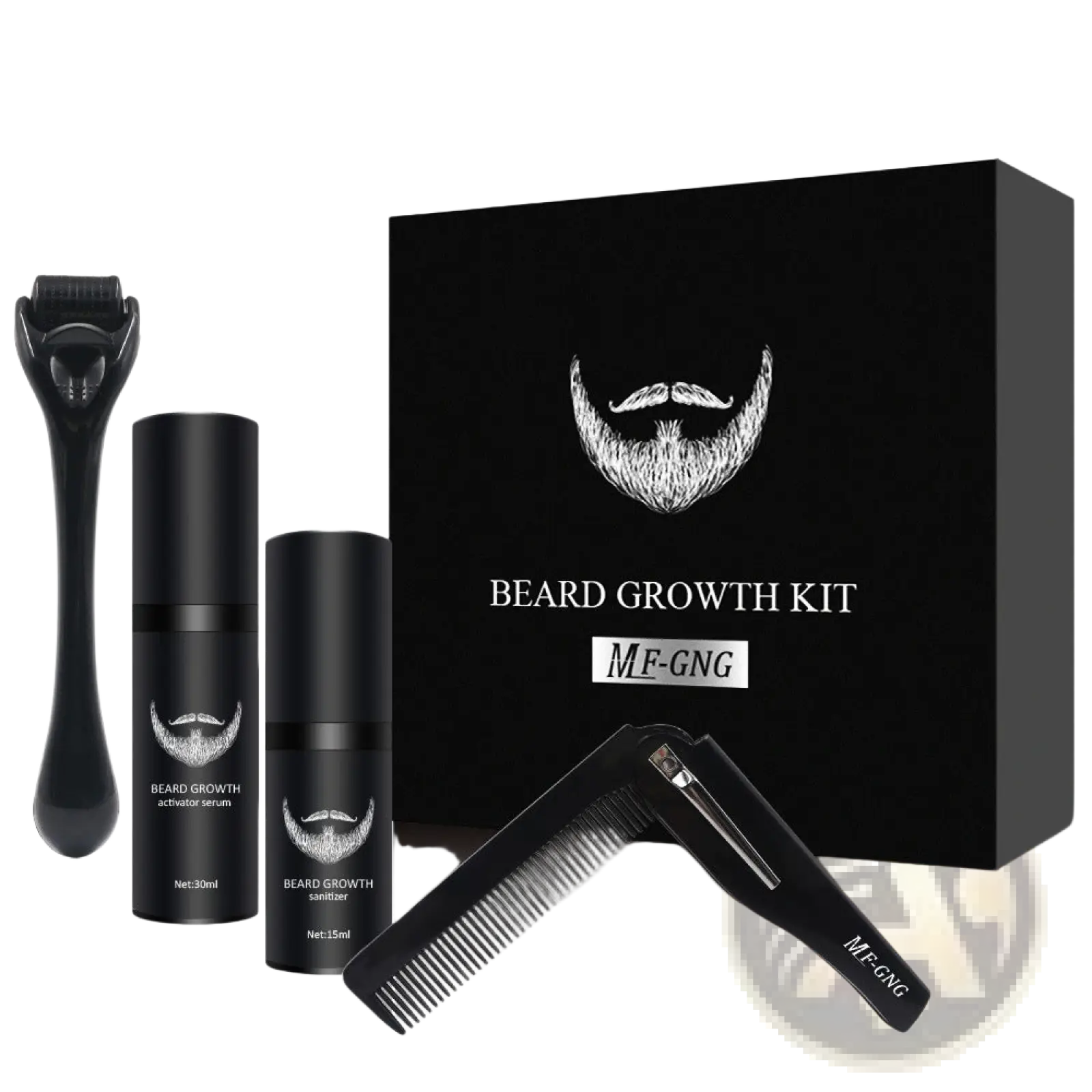 Black plastic beard growth kit with two serum bottles derma roller and comb for grooming and hair care