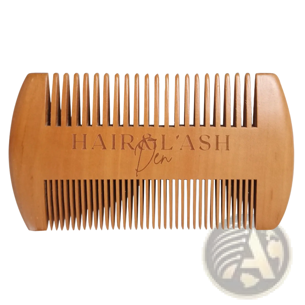 A light brown wooden dual-sided comb with wide and fine teeth from the beard growth kit grooming tools