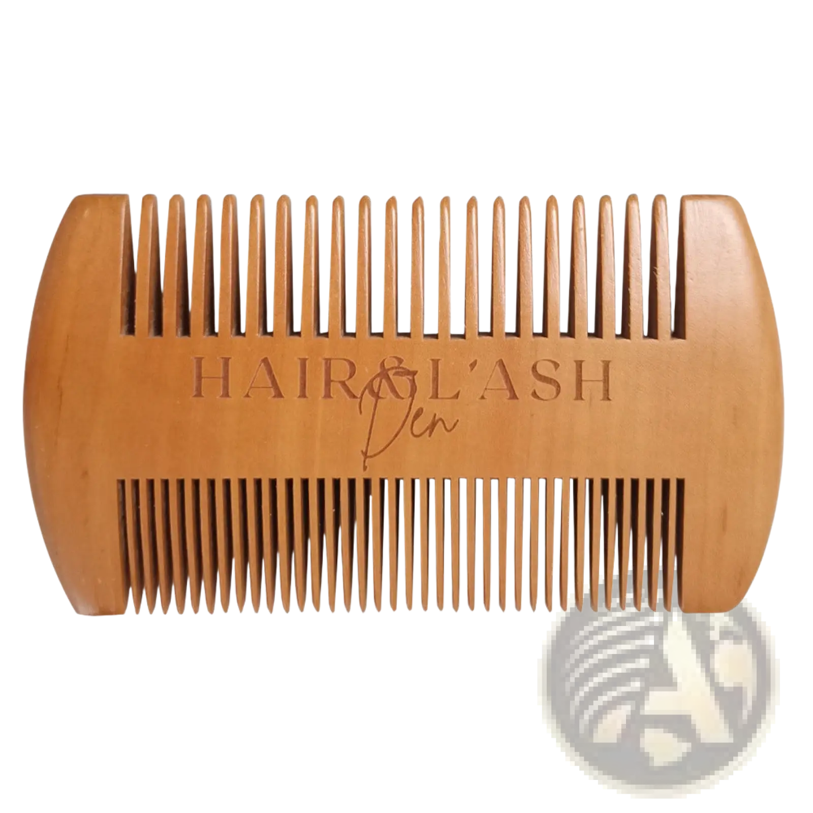 A light brown wooden dual-sided comb with wide and fine teeth from the beard growth kit grooming tools