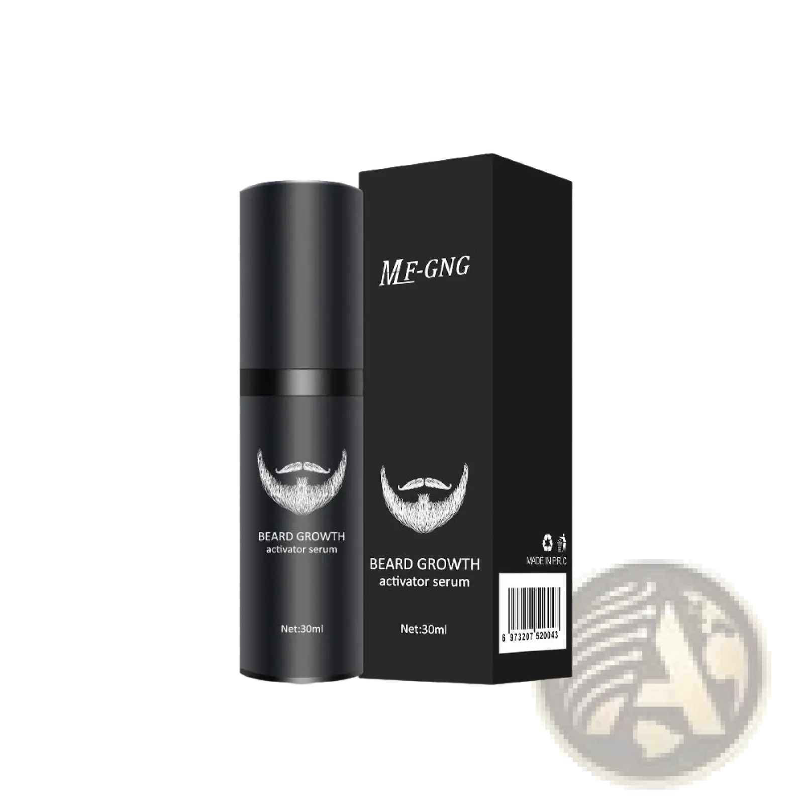 Black mf-gng beard growth activator serum in a sleek 30ml bottle with matching packaging from beard growth kit set