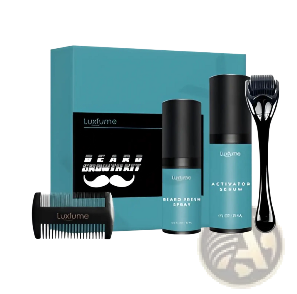 Luxfume beard growth kit with teal gift box black and teal beard fresh spray activator serum and black derma roller comb