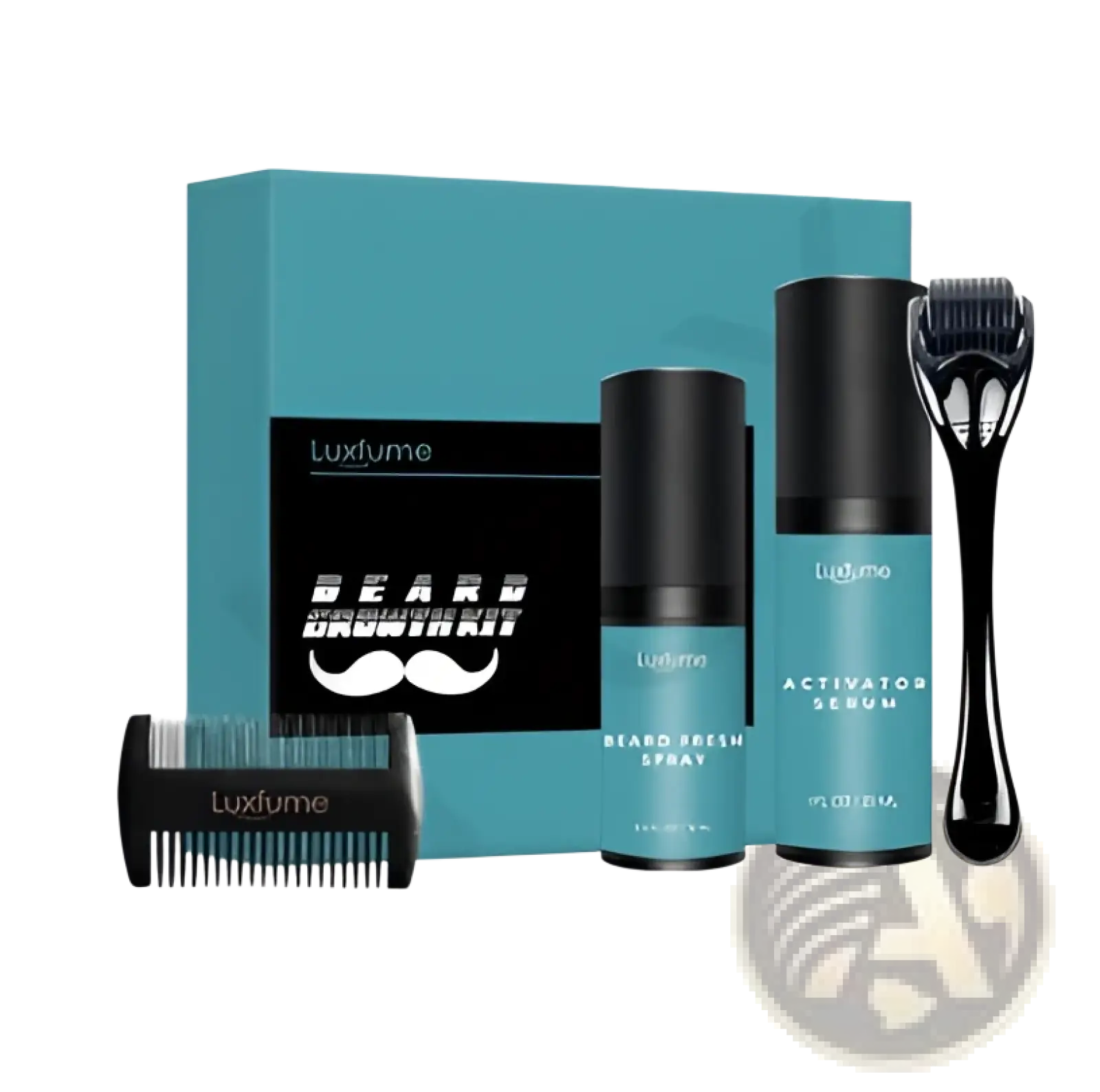 Luxfume beard growth kit with teal gift box black and teal beard fresh spray activator serum and black derma roller comb