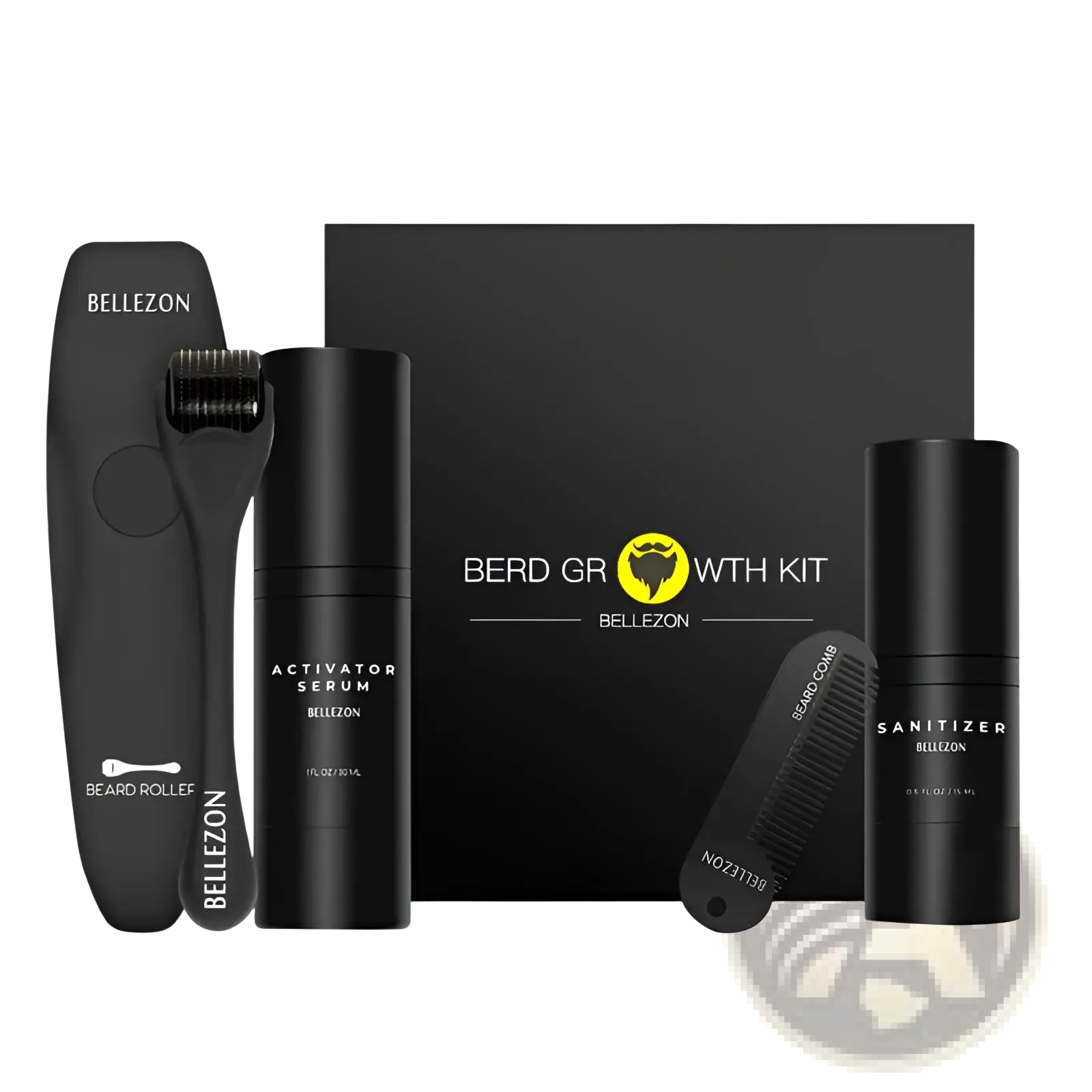 Black bellezon beard growth kit with derma roller serum sanitizer and comb for effective beard care and enhancement