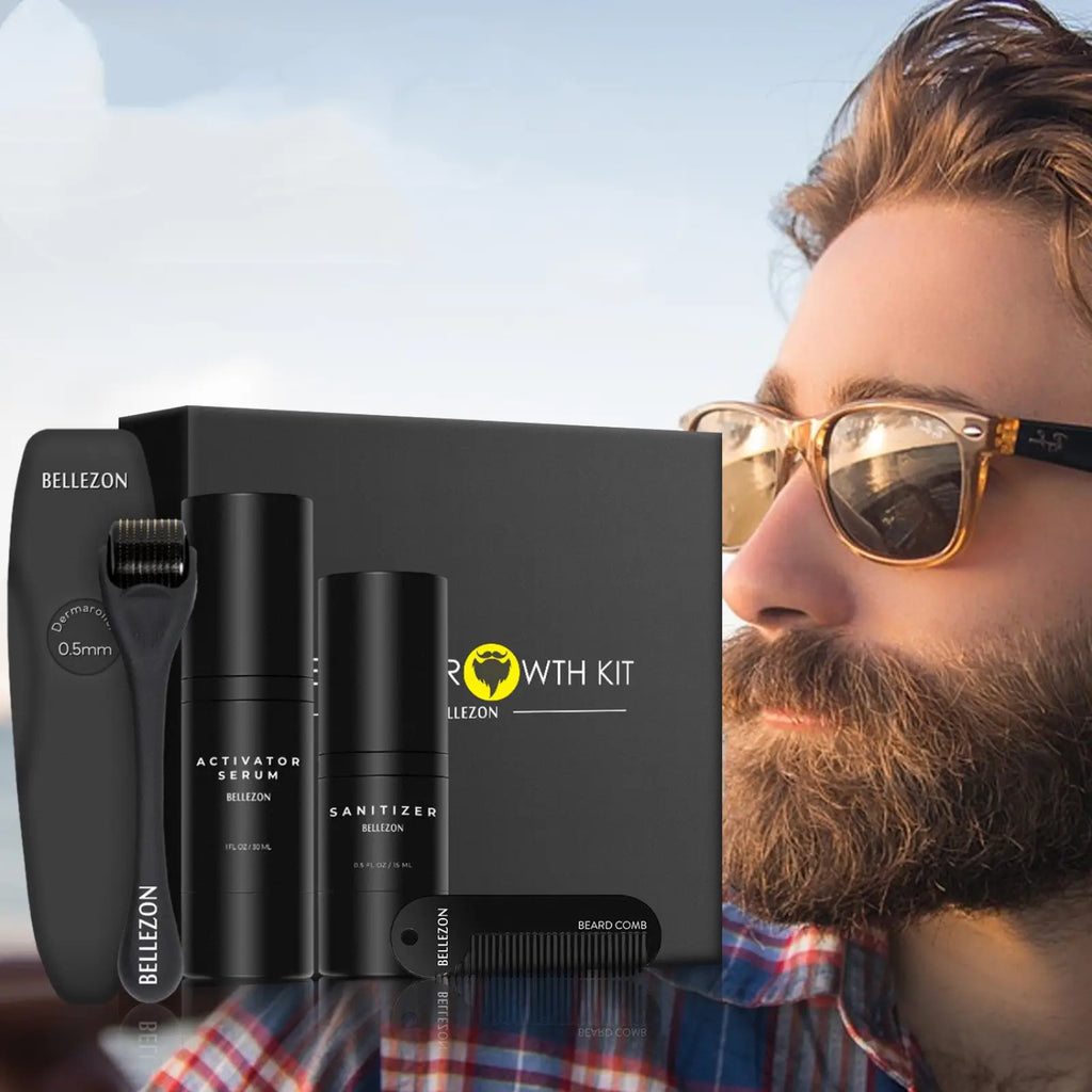Black bellezon beard growth kit with derma roller serum sanitizer and comb in sleek black packaging for beard care