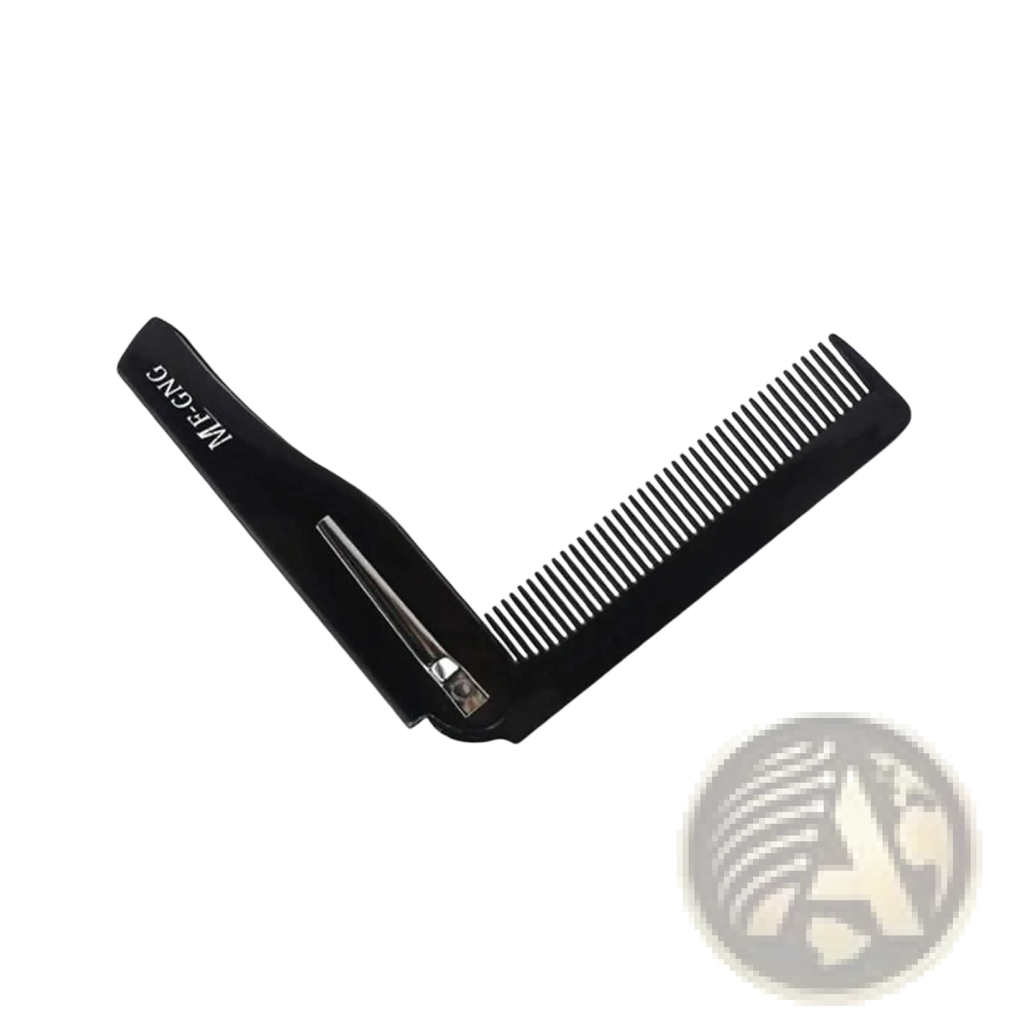 Black folding beard comb with integrated clip and metallic hinge branded me-ging from beard growth kit set