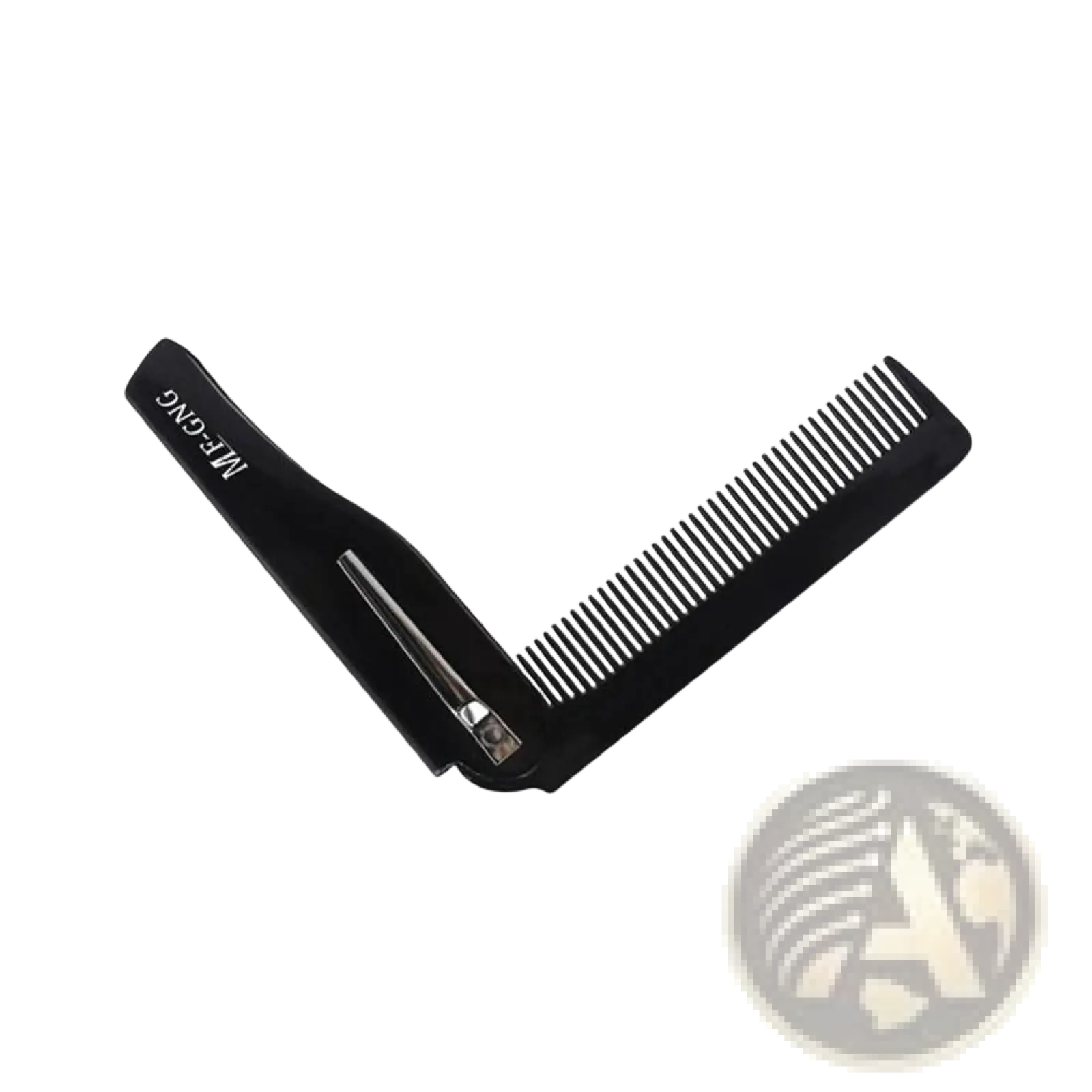 Black folding beard comb with integrated clip and metallic hinge branded me-ging from beard growth kit set