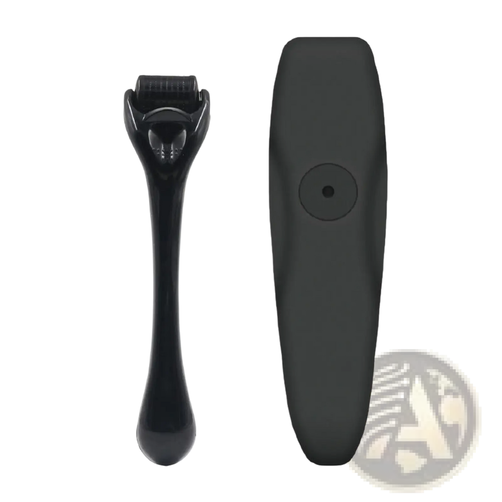 Black plastic derma roller with ergonomic handle and matching protective case for beard growth kit with serum set