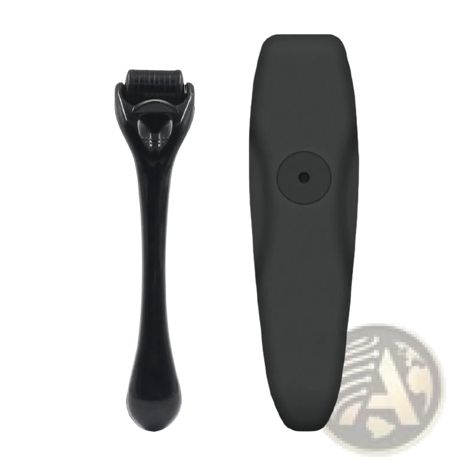 Black plastic derma roller with ergonomic handle and matching protective case for beard growth kit with serum set