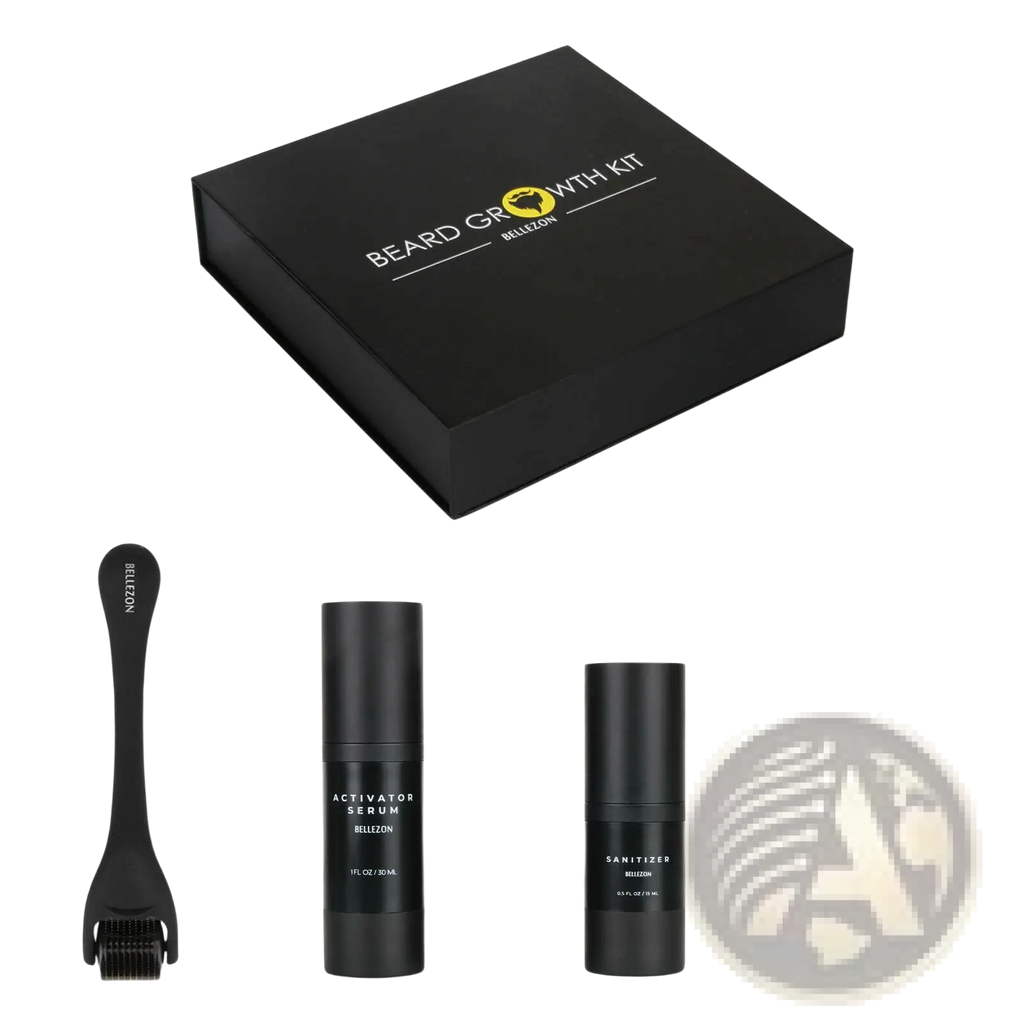 Black beard growth kit box with gold logo containing derma roller, two serum bottles, and a beard comb for grooming
