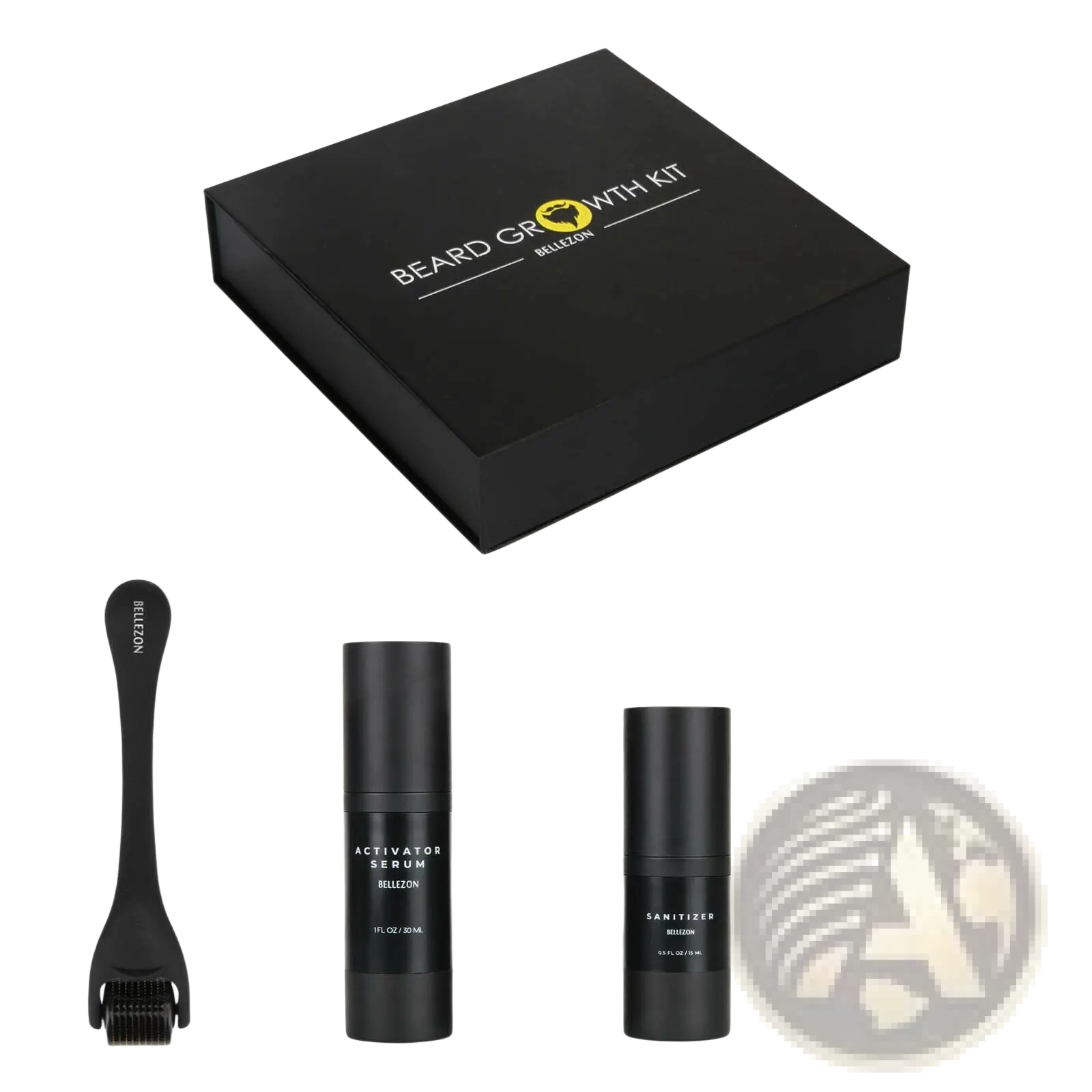 Black beard growth kit box with gold logo containing derma roller, two serum bottles, and a beard comb for grooming