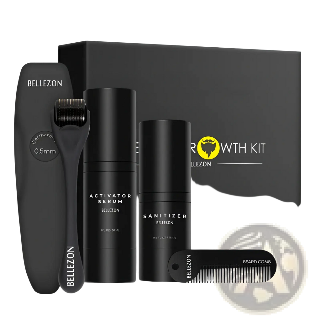 Black bellezon beard growth kit with derma roller activator serum sanitizer and comb for beard care and enhancement