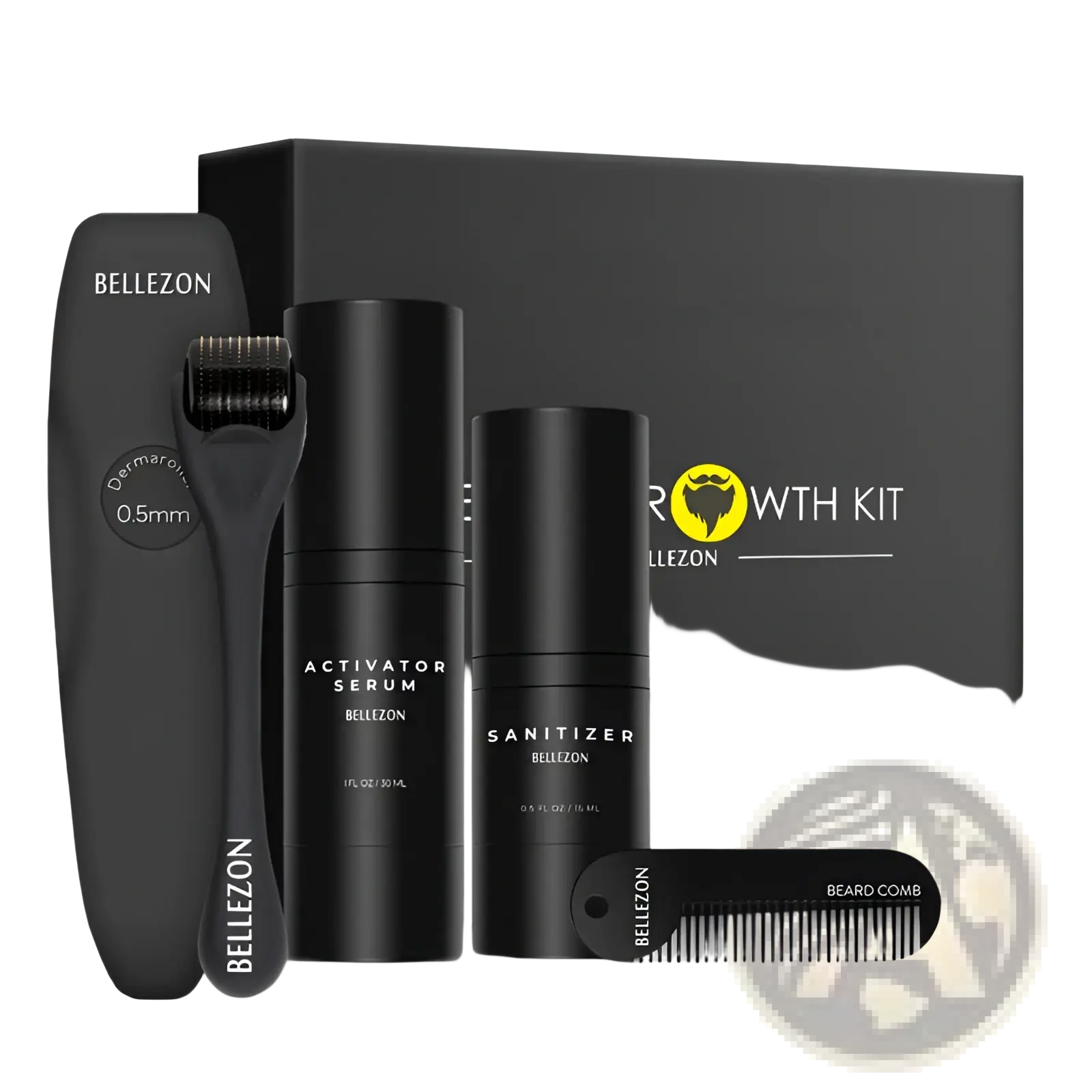 Black bellezon beard growth kit with derma roller activator serum sanitizer and comb for beard care and enhancement