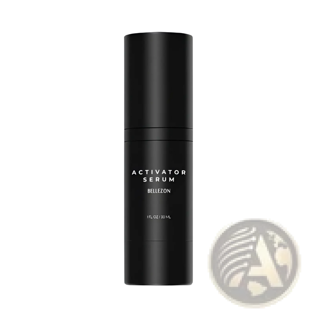 Black cylindrical bellezon activator serum bottle with matte finish and minimalist white label in beard growth kit set