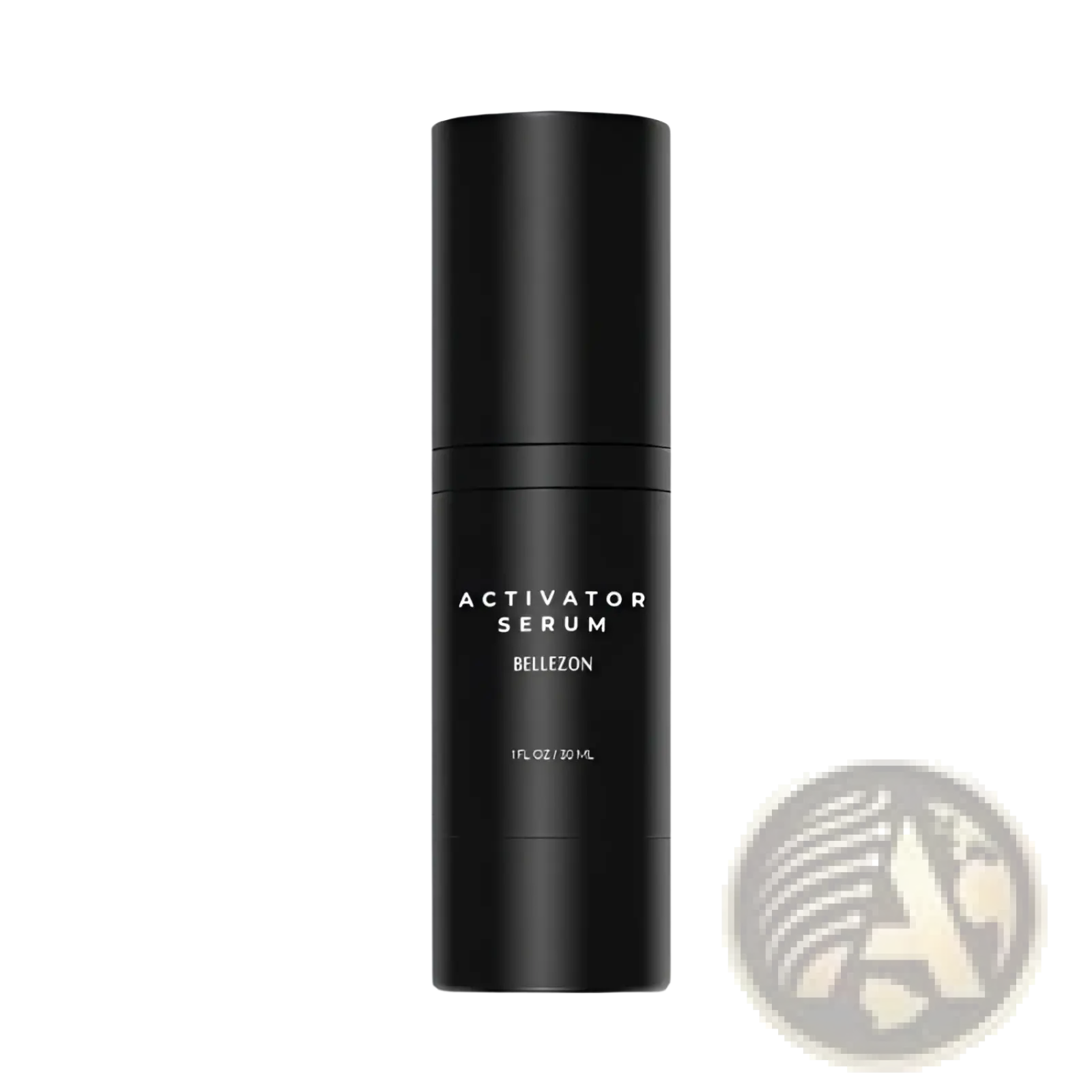 Black cylindrical bellezon activator serum bottle with matte finish and minimalist white label in beard growth kit set