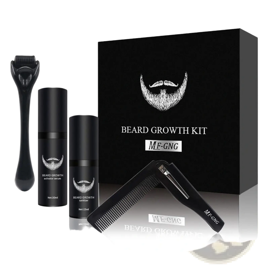 Black plastic beard growth kit with two serum bottles, derma roller, and comb for effective beard care
