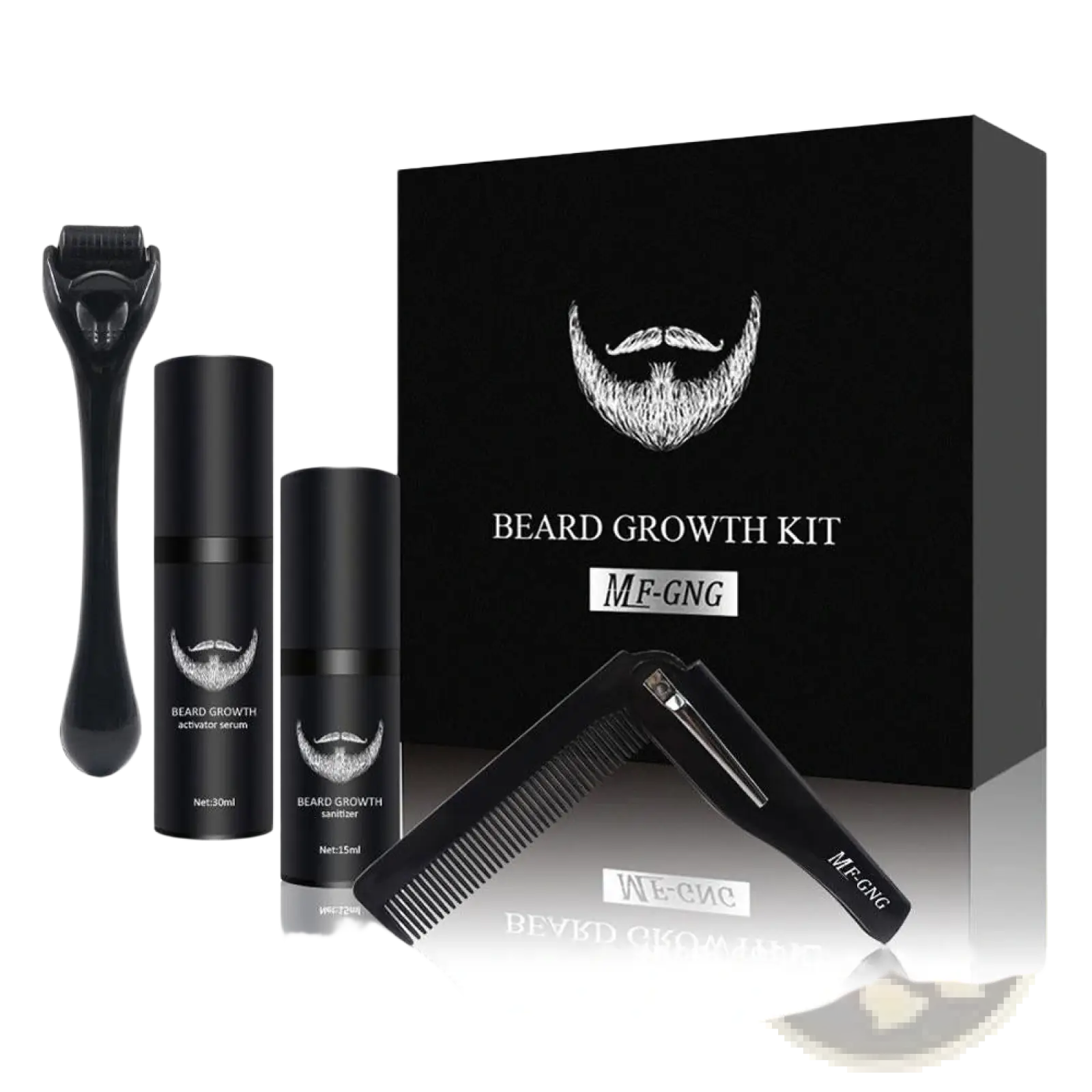 Black plastic beard growth kit with two serum bottles, derma roller, and comb for effective beard care