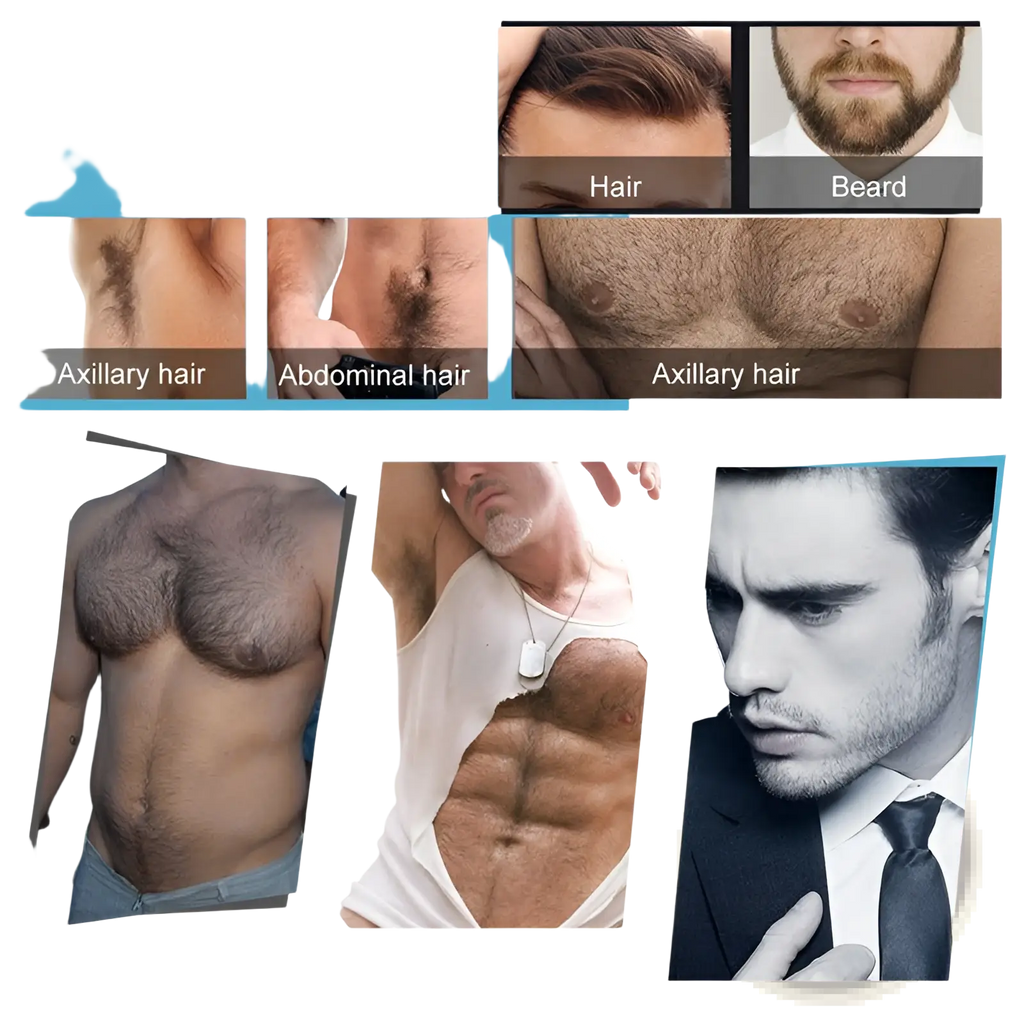 Mens grooming beard growth kit with derma roller and serum featuring axillary abdominal and facial beard images