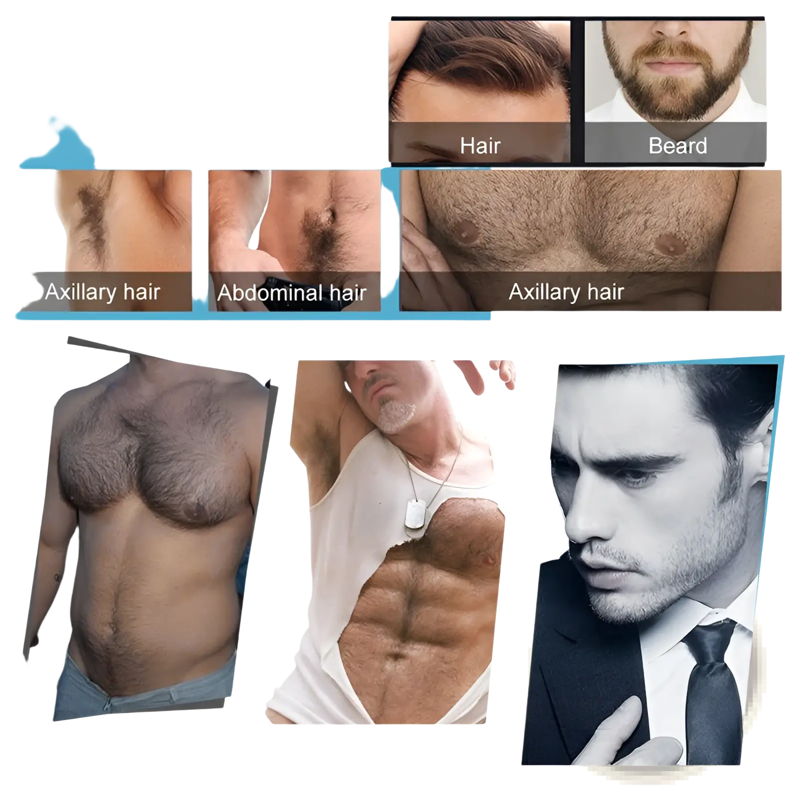Mens grooming beard growth kit with derma roller and serum featuring axillary abdominal and facial beard images