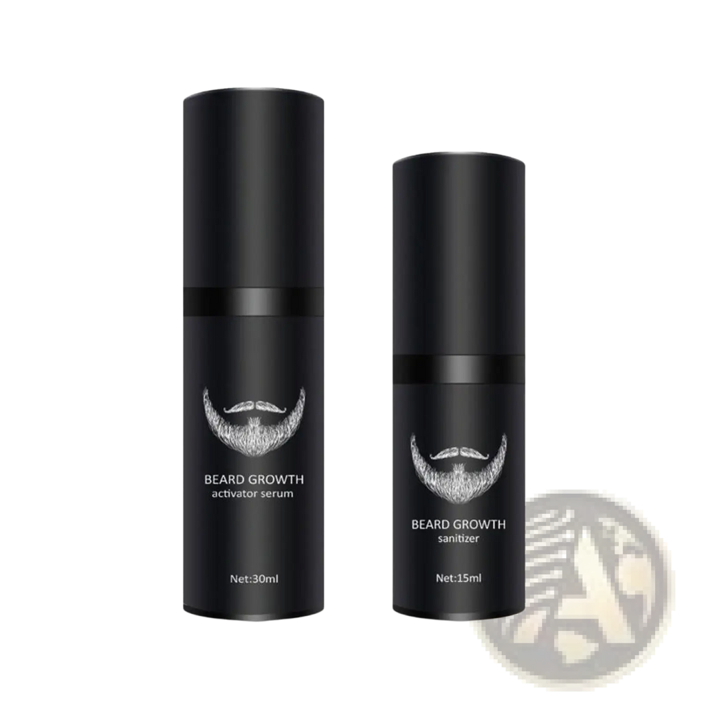Two black cylindrical bottles labeled beard growth activator serum and sanitizer with silver beard graphic in beard growth kit
