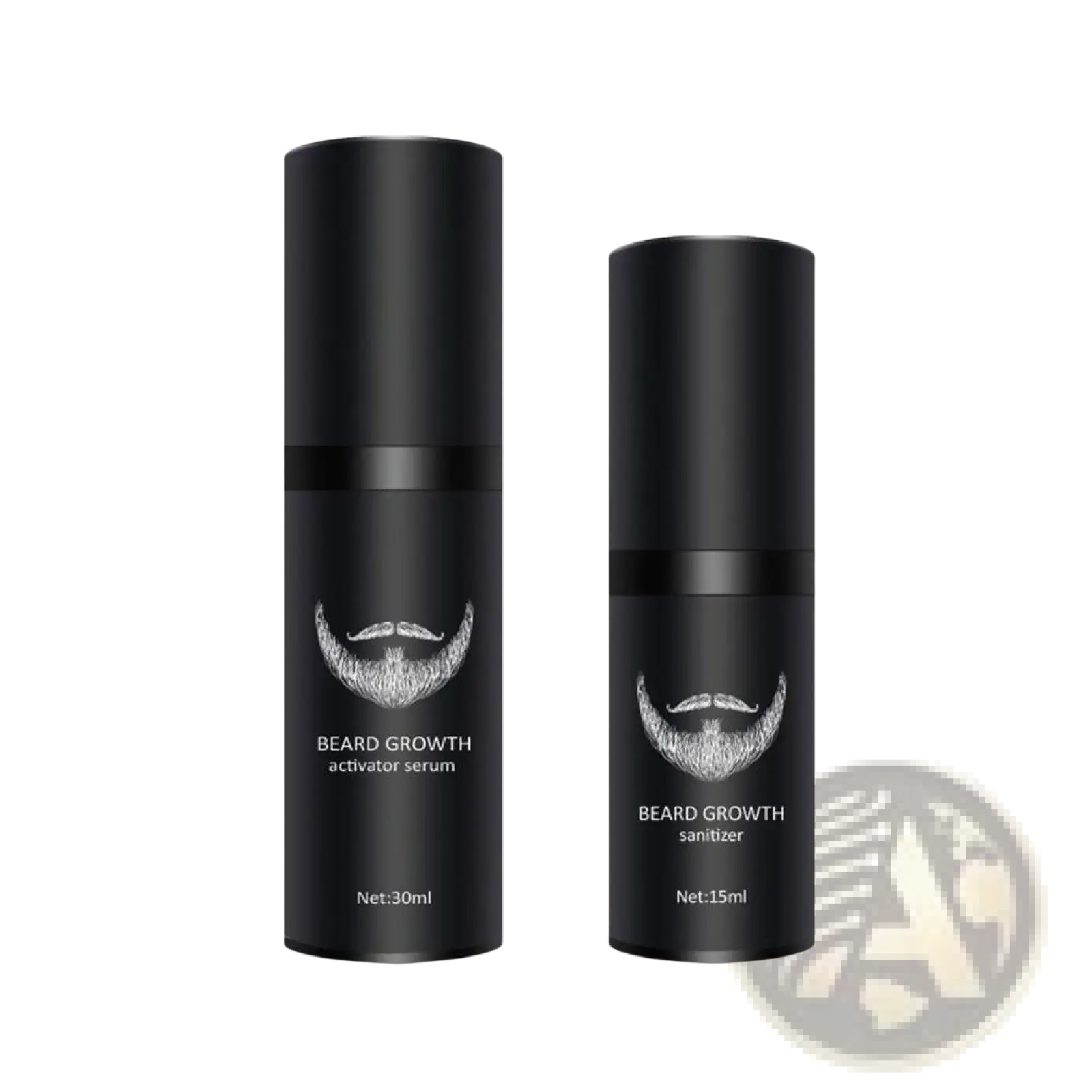 Two black cylindrical bottles labeled beard growth activator serum and sanitizer with silver beard graphic in beard growth kit