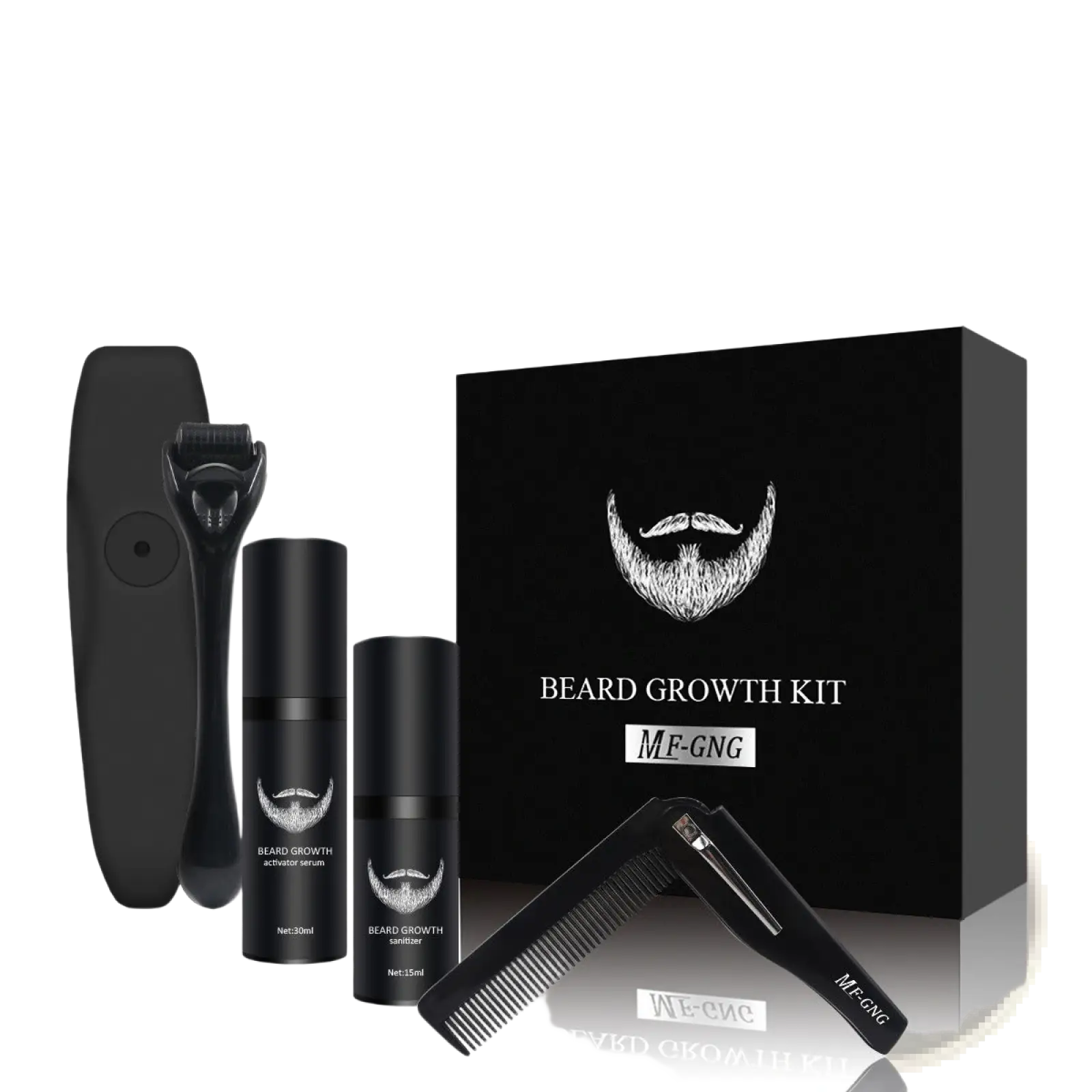 Black plastic beard growth kit with two serum bottles, derma roller, and comb for enhanced beard care