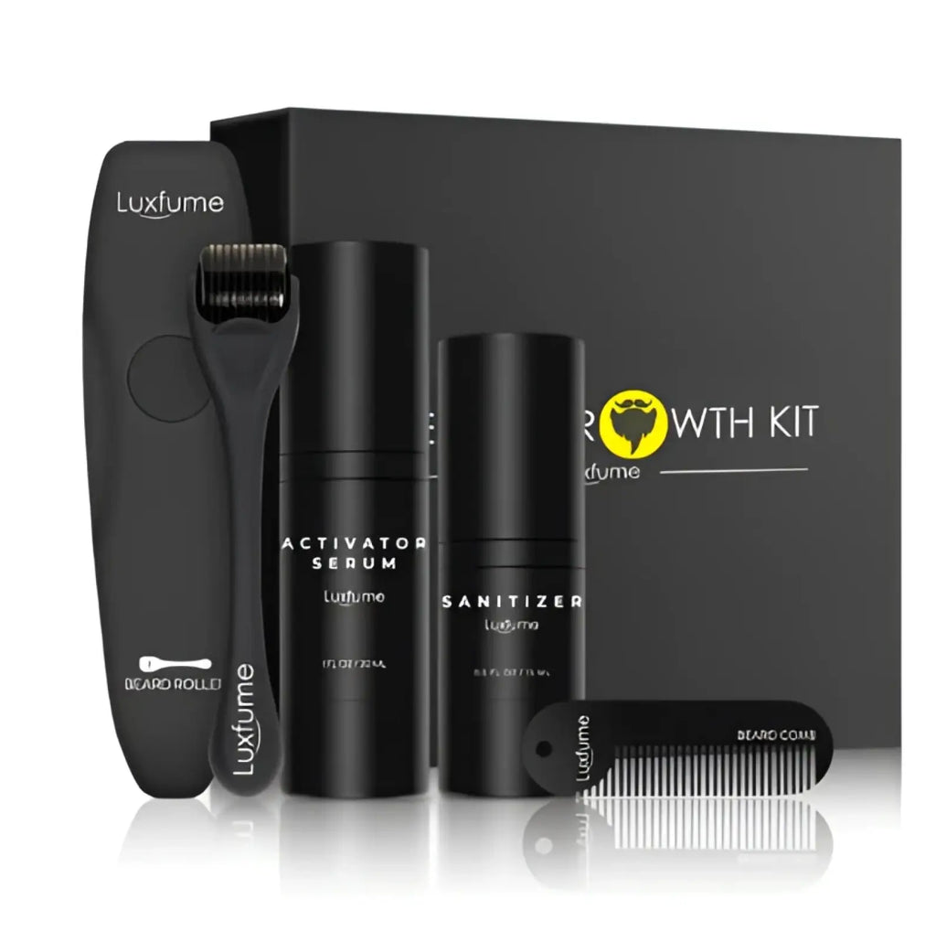 Luxfume beard growth kit with derma roller and serum set in black matte finish with minimalist white labeling