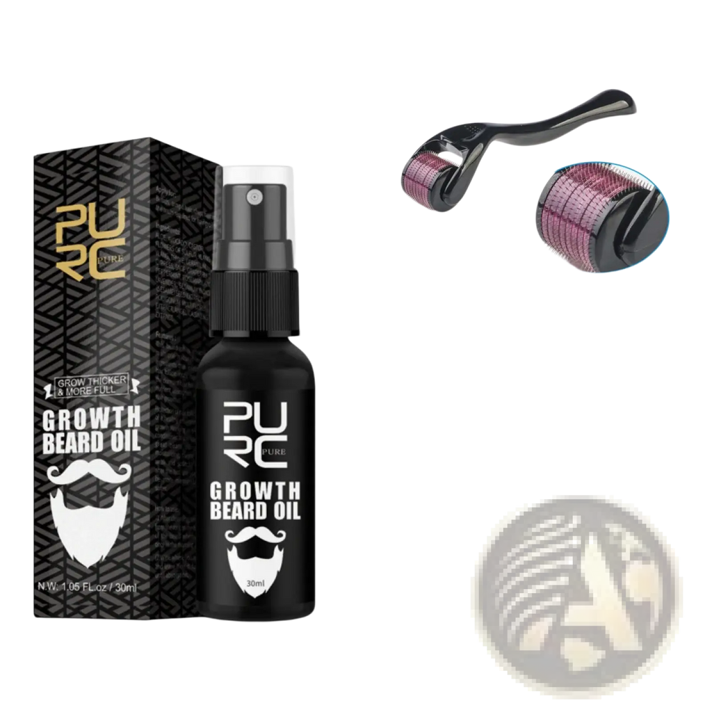 Black spray bottle of pure growth beard oil with white beard logo 30ml capacity for nourishing beard care