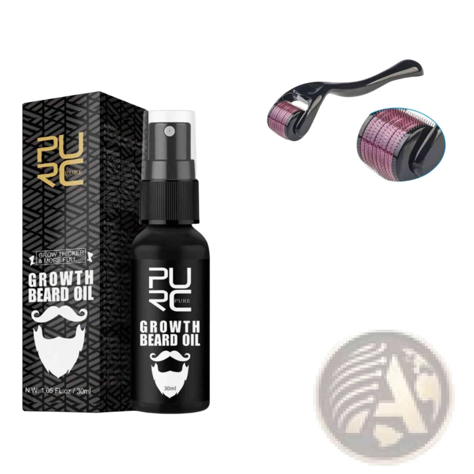 Black spray bottle of pure growth beard oil with white beard logo 30ml capacity for nourishing beard care